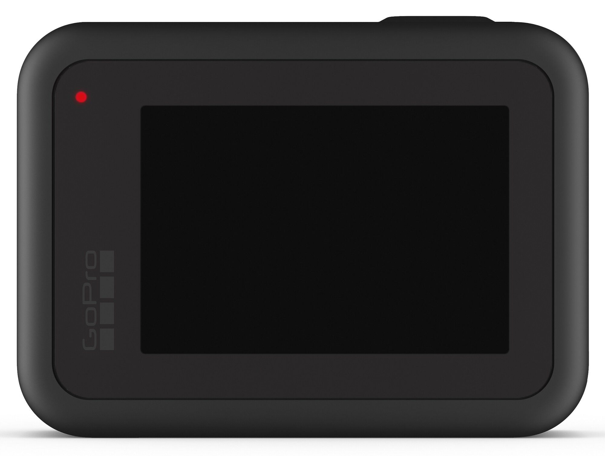 Schwarze GoPro-Kamera mit Bildschirm, der einen schwarzen Bildschirm zeigt, mit einem roten Licht oben.