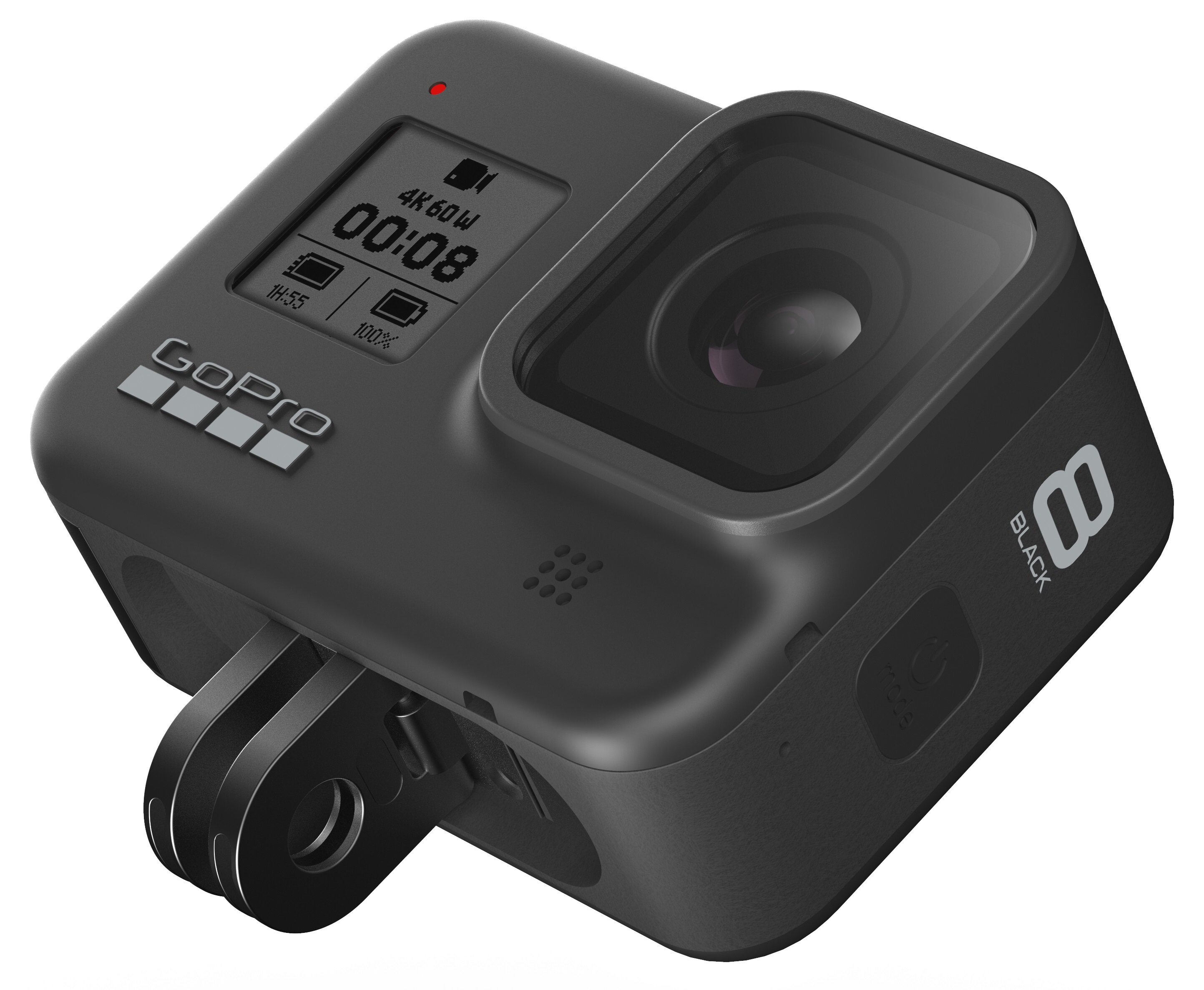 Eine schwarze GoPro-Kamera mit einem Bildschirm, der Zeit und Akkulaufzeit anzeigt. Die Kamera ist leicht geneigt.
