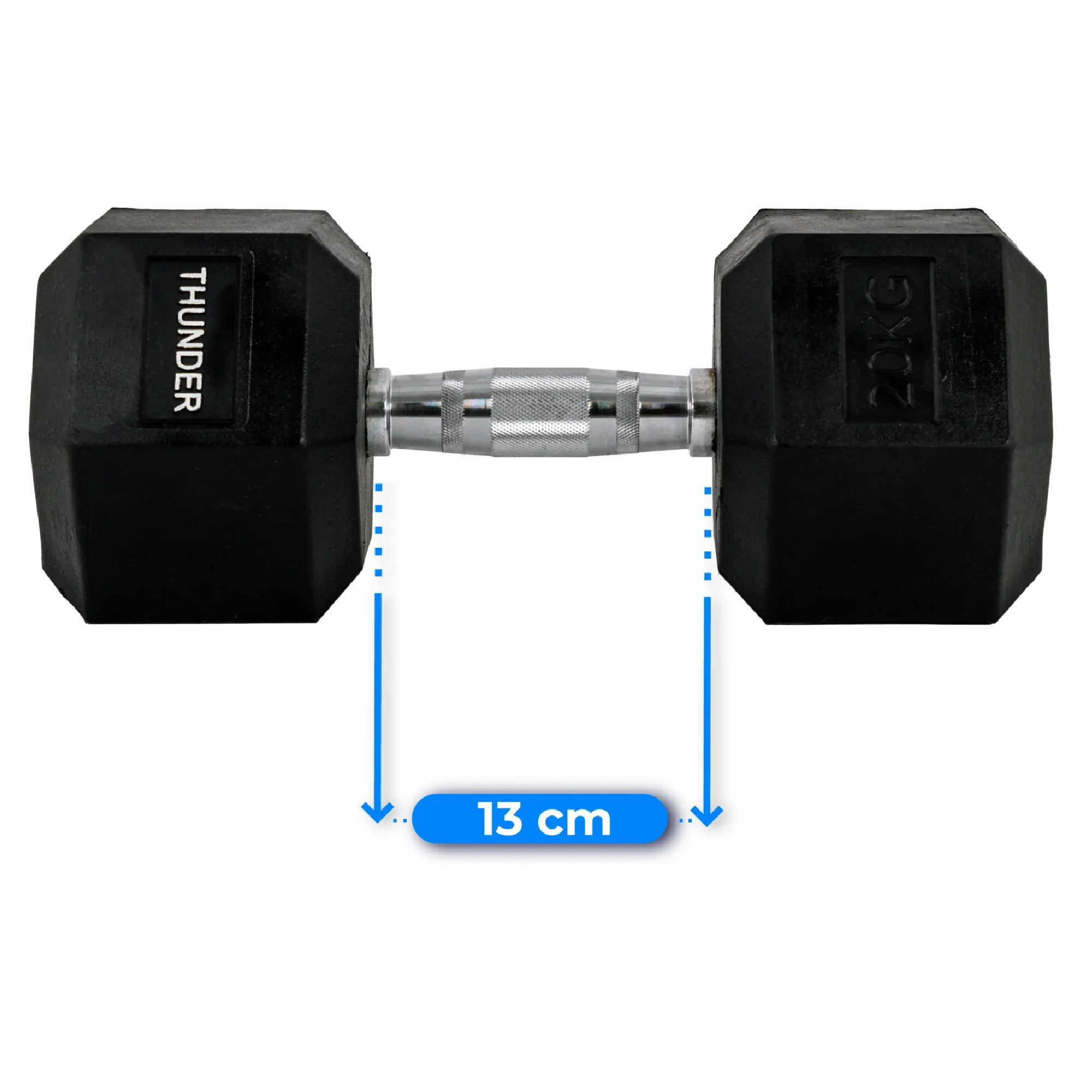 Czarna hantla ze srebrnym uchwytem, 'THUNDER' i '20KG'. Niebieska strzałka pokazuje 13cm pomiar.