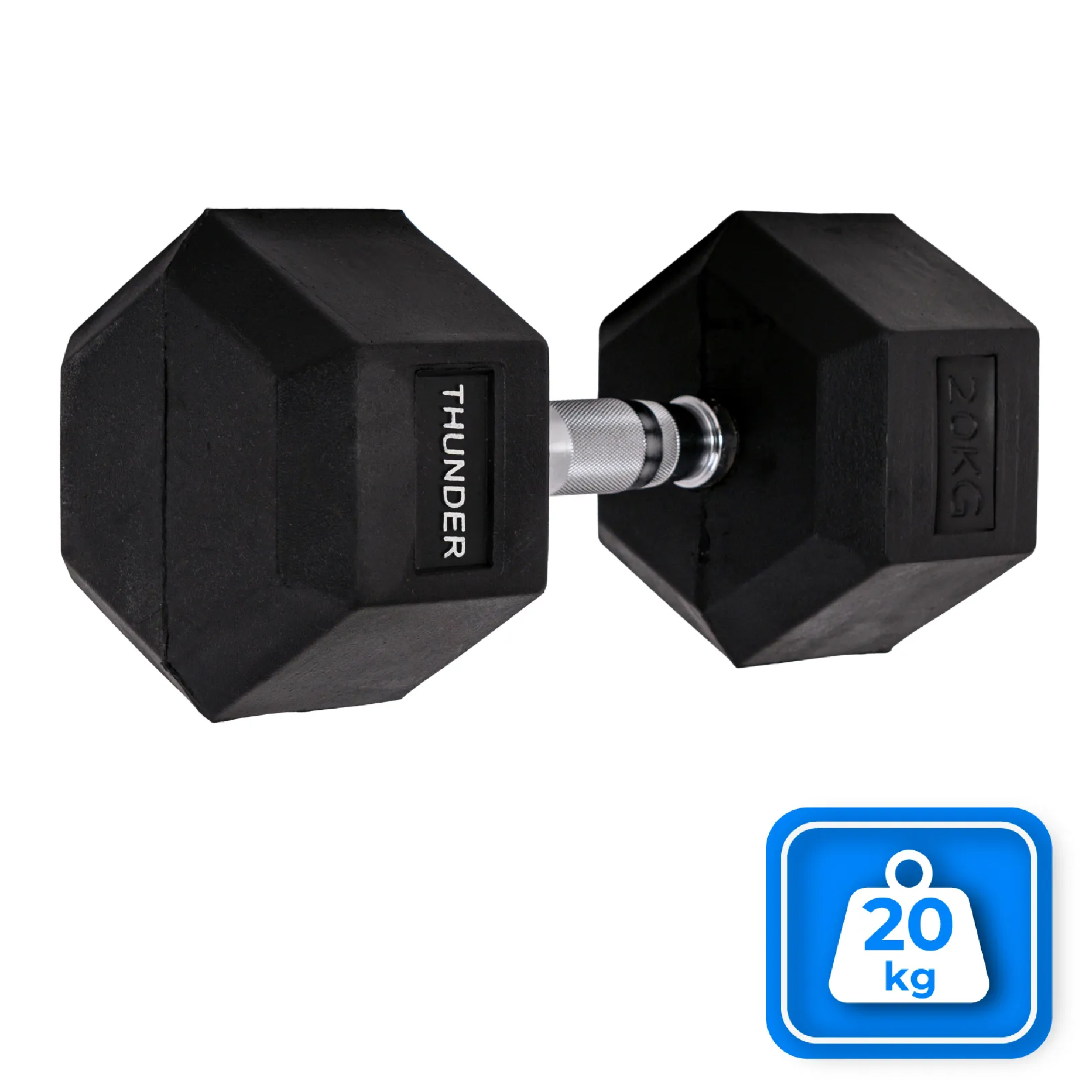 Pojedyncza czarna hantla z napisem 20kg. Niebieska ikona z '20 kg' w prawym dolnym rogu.