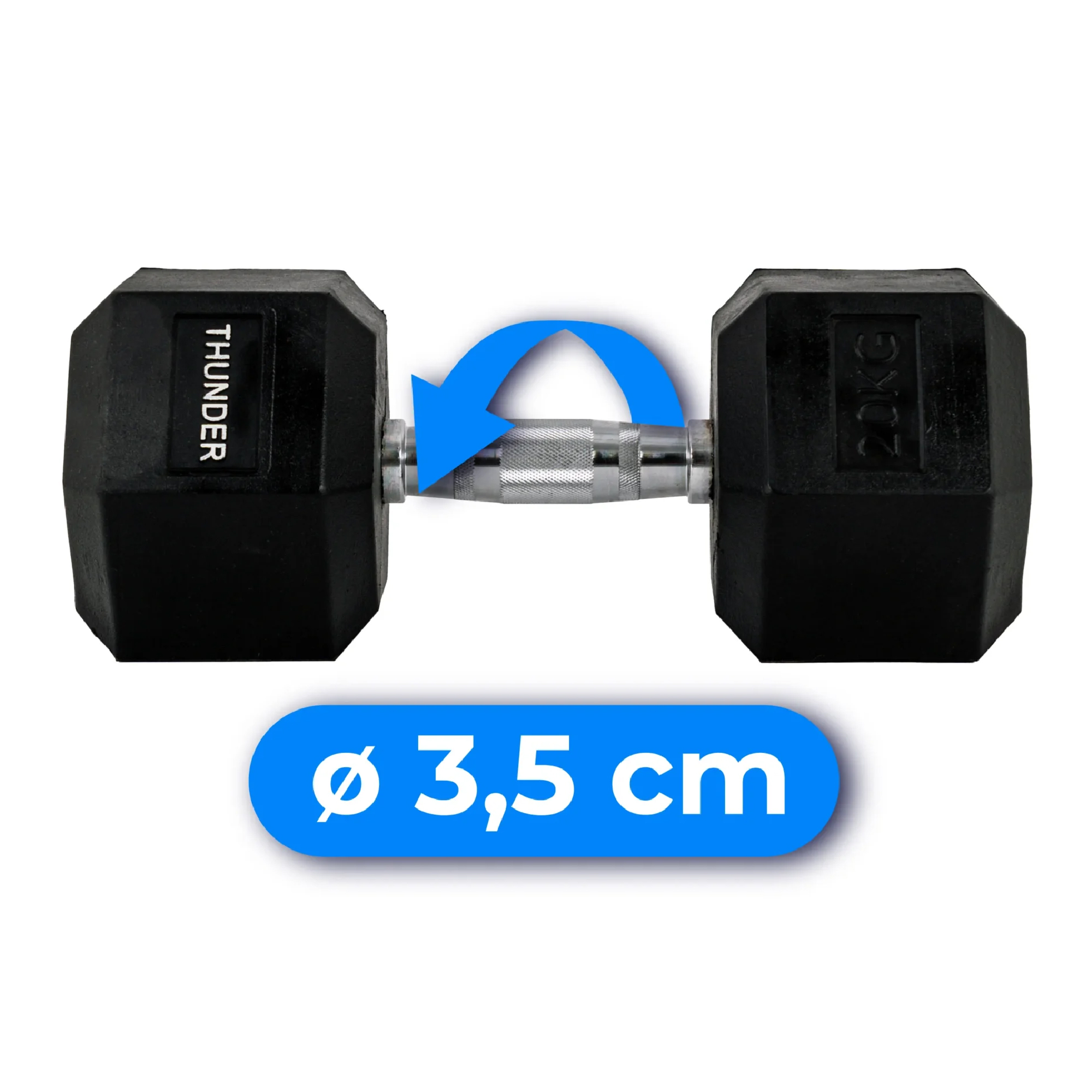 Czarna hantla ze srebrnym uchwytem, 'THUNDER' i '20KG'. Strzałka wskazuje średnicę 3,5cm.
