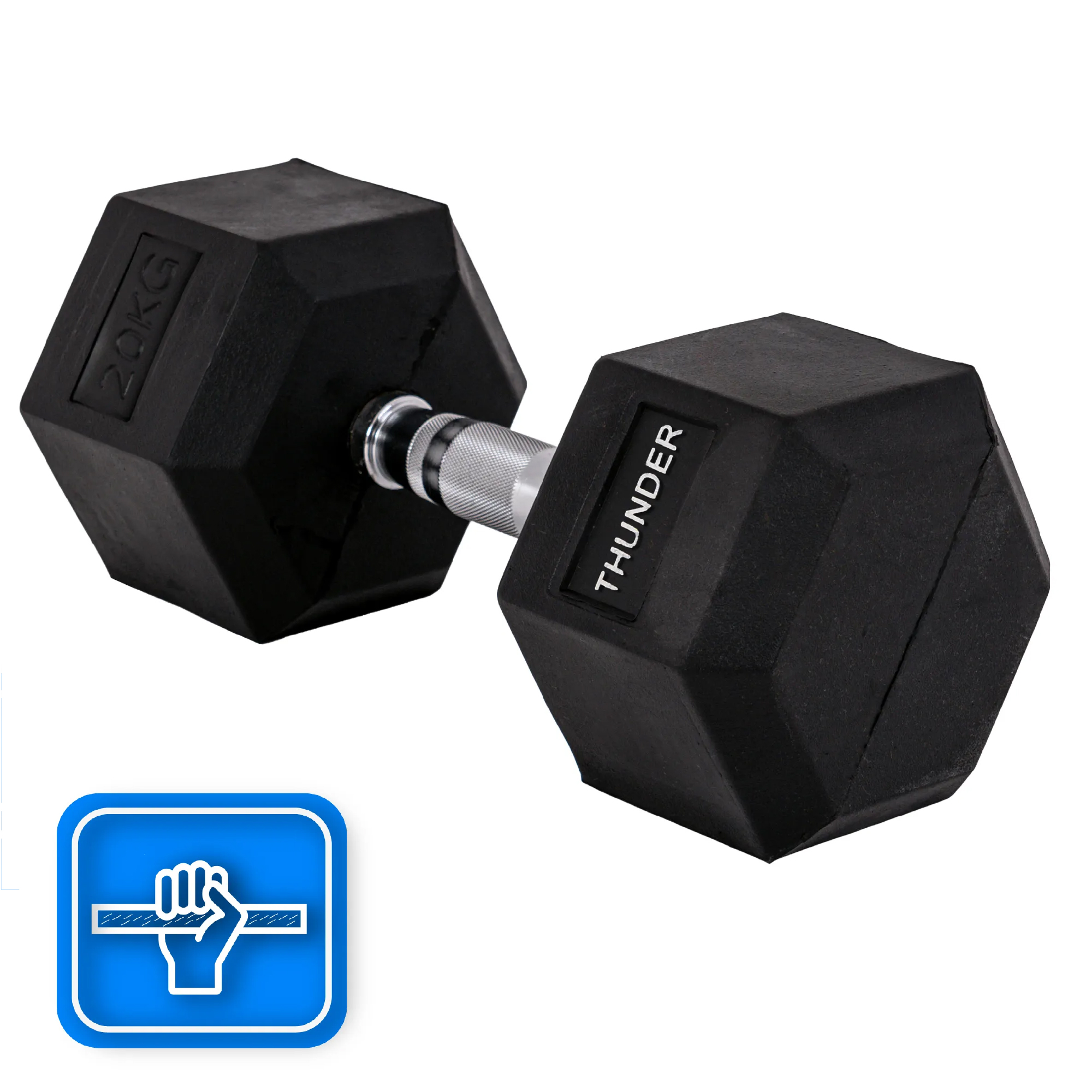 Czarna hantla ze srebrnym uchwytem, 'THUNDER' i '20KG'. Ikona dłoni wskazuje trzymanie.