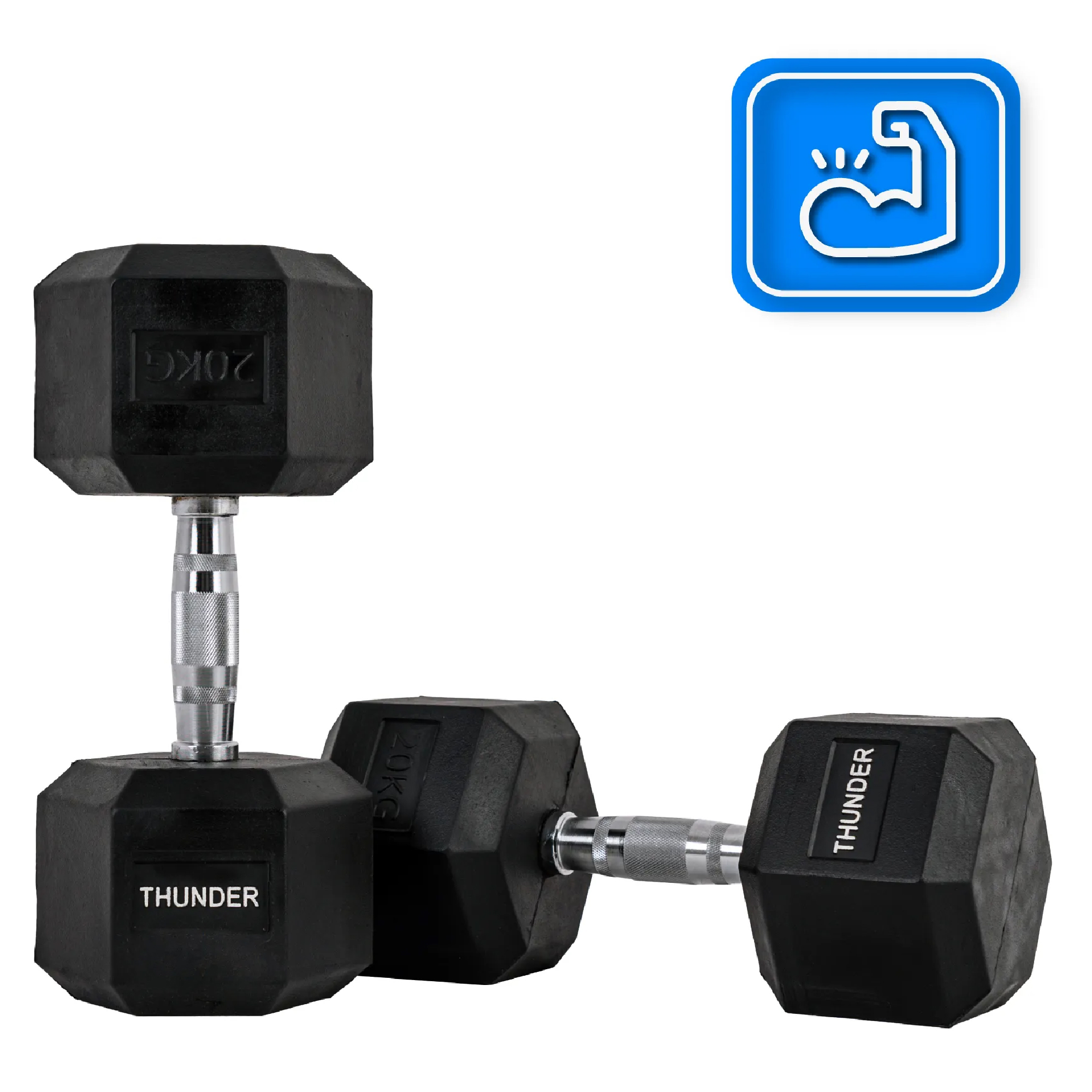 Dwie czarne hantle z napisem 'THUNDER'. Niebieska ikona mięśnia w prawym górnym rogu.