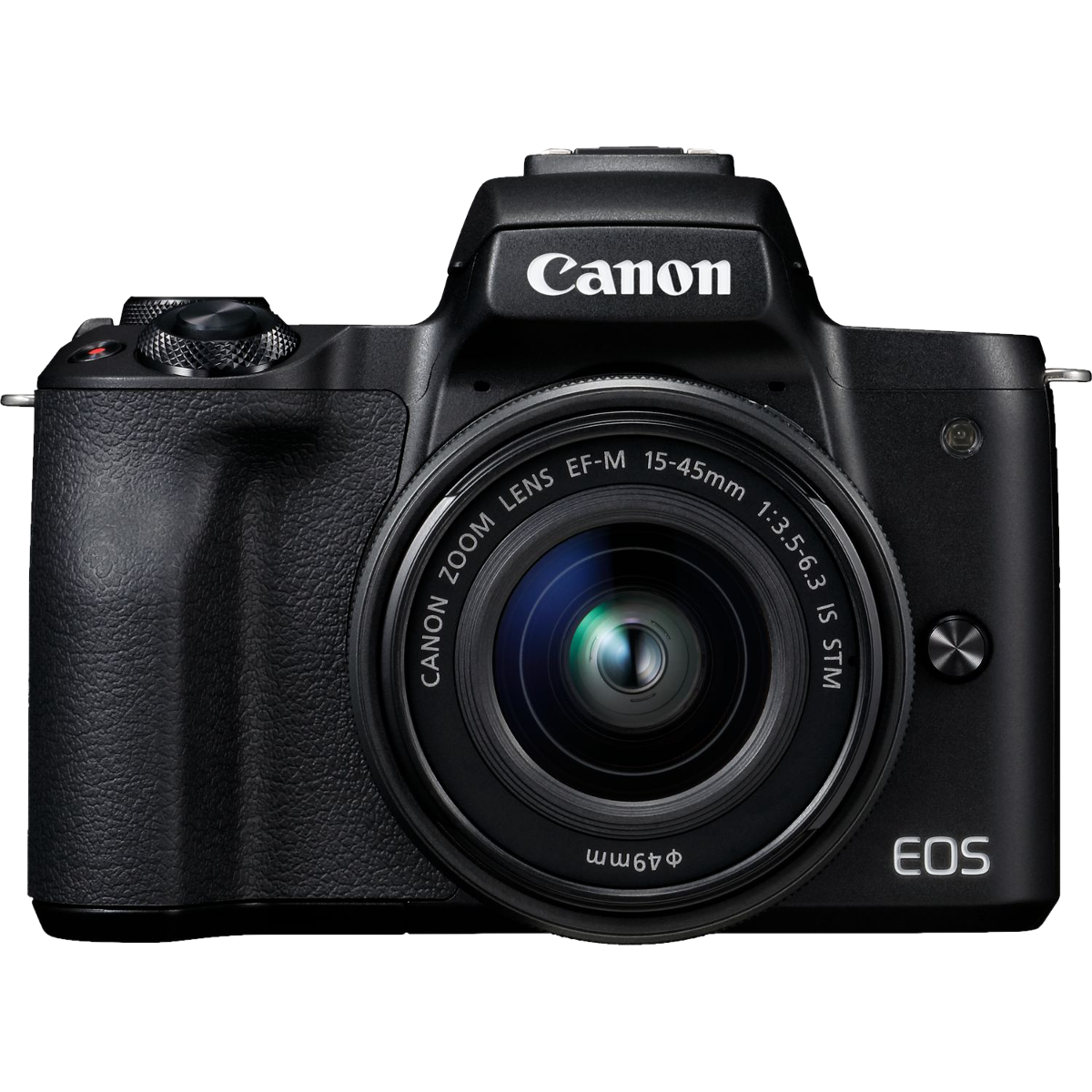 Schwarze Canon EOS M50 Kamera mit Objektiv. Das Objektiv ist mit Canon Zoom Lens EF-M 15-45mm markiert.