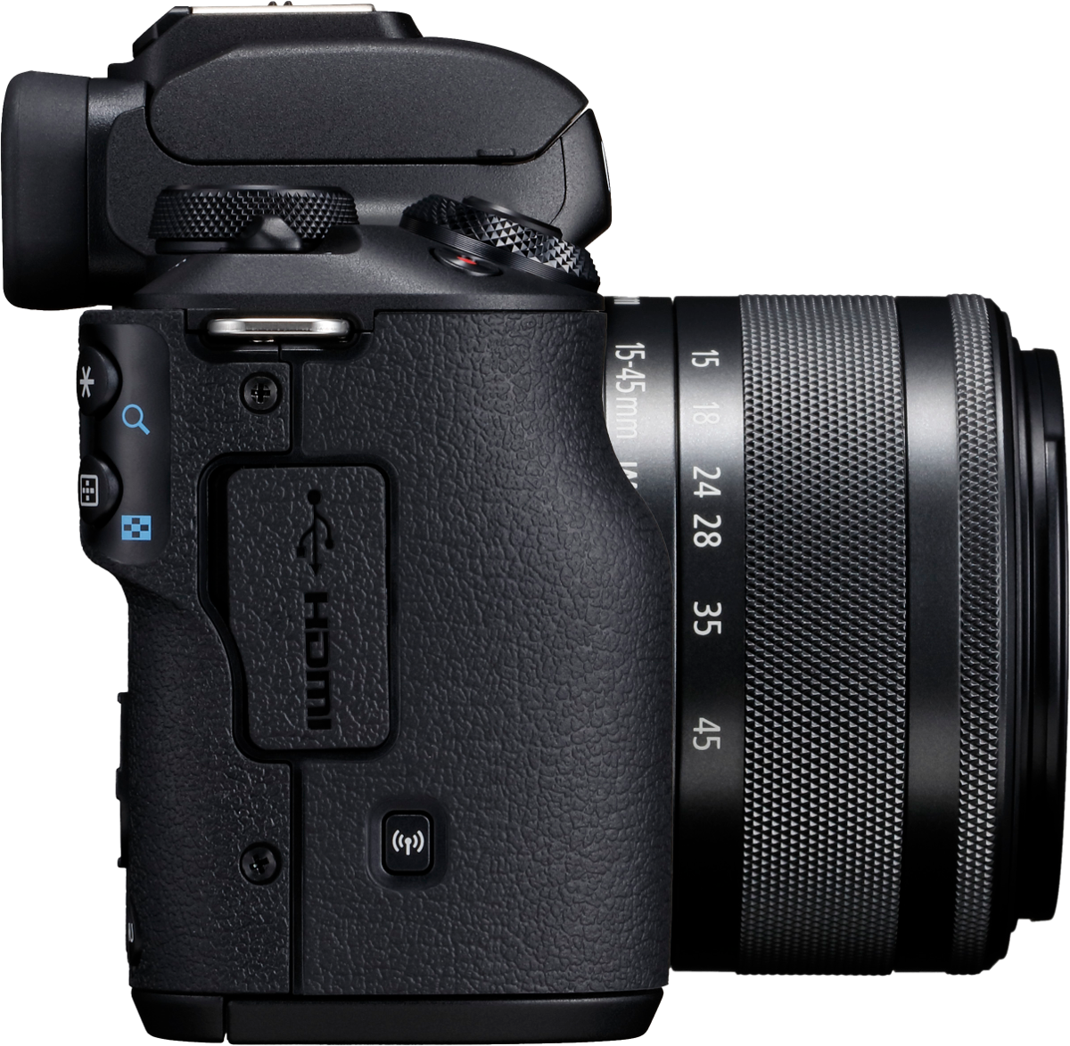 Seitenansicht einer schwarzen Canon EOS M50 Kamera mit angesetztem Objektiv. Das Kameragehäuse hat eine strukturierte Oberfläche.