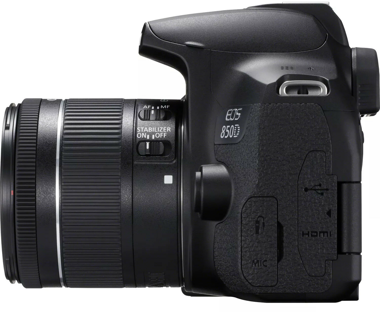 Seitenansicht einer schwarzen Canon EOS 850D Kamera mit angebrachtem Objektiv.