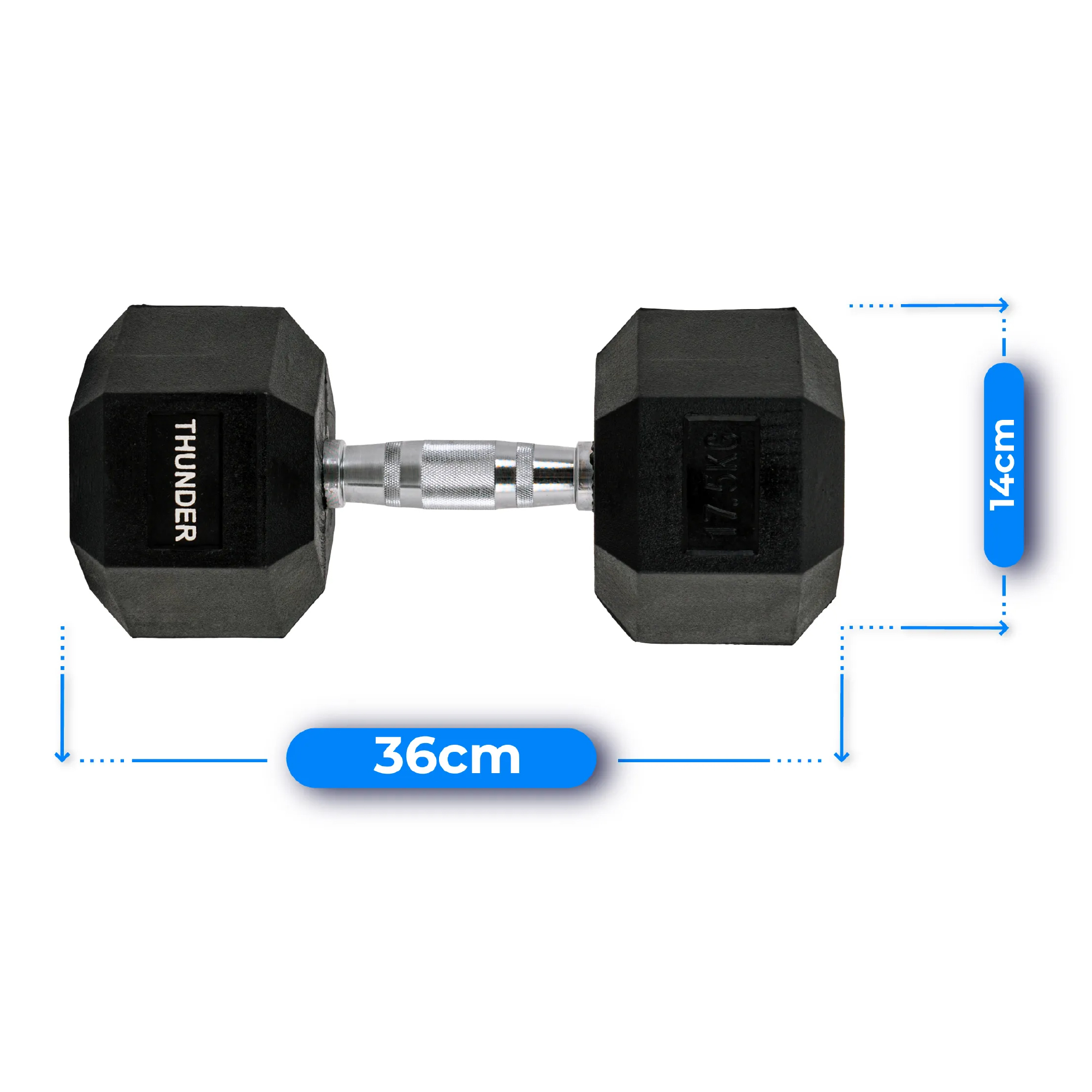 Czarna hantla z wymiarami: 36 cm długości, 14 cm wysokości. Niebieskie etykiety wskazują wymiary. Białe tło.