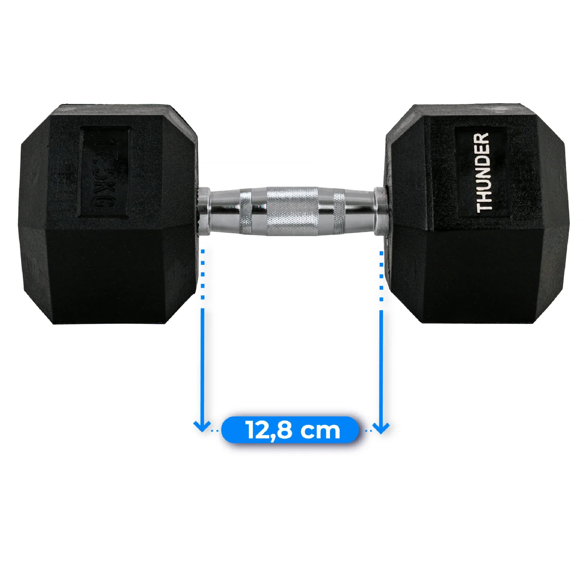 Czarna hantla z srebrnym uchwytem. Napis: 12.5KG i THUNDER.