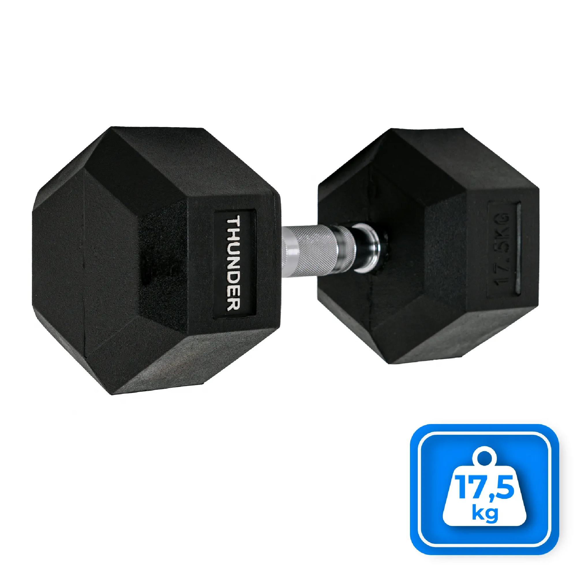 Czarna hantla ze słowem THUNDER. Waga wynosi 17,5 kg. Niebieska ikona wskazuje wagę.