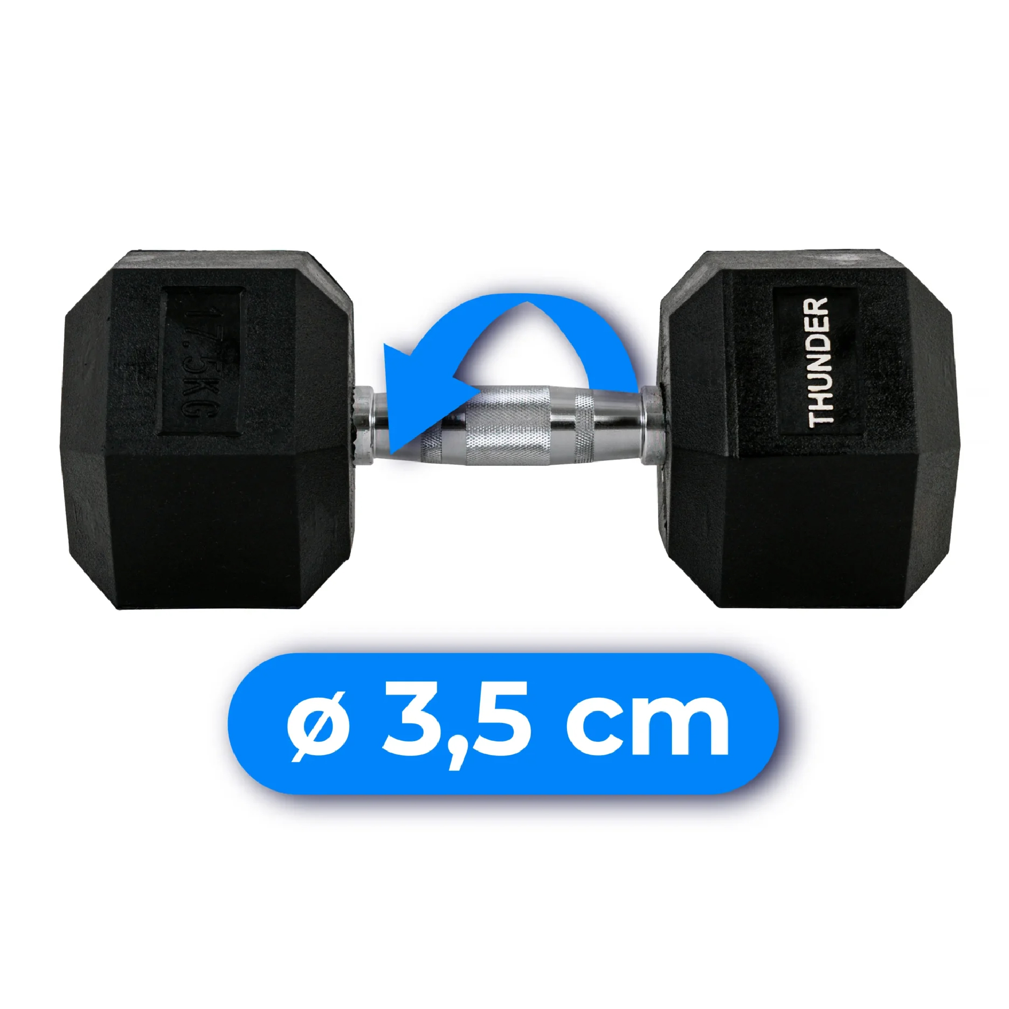 Czarna hantla ze srebrnym uchwytem. Niebieska strzałka wskazuje obrót. Średnica 3,5 cm.