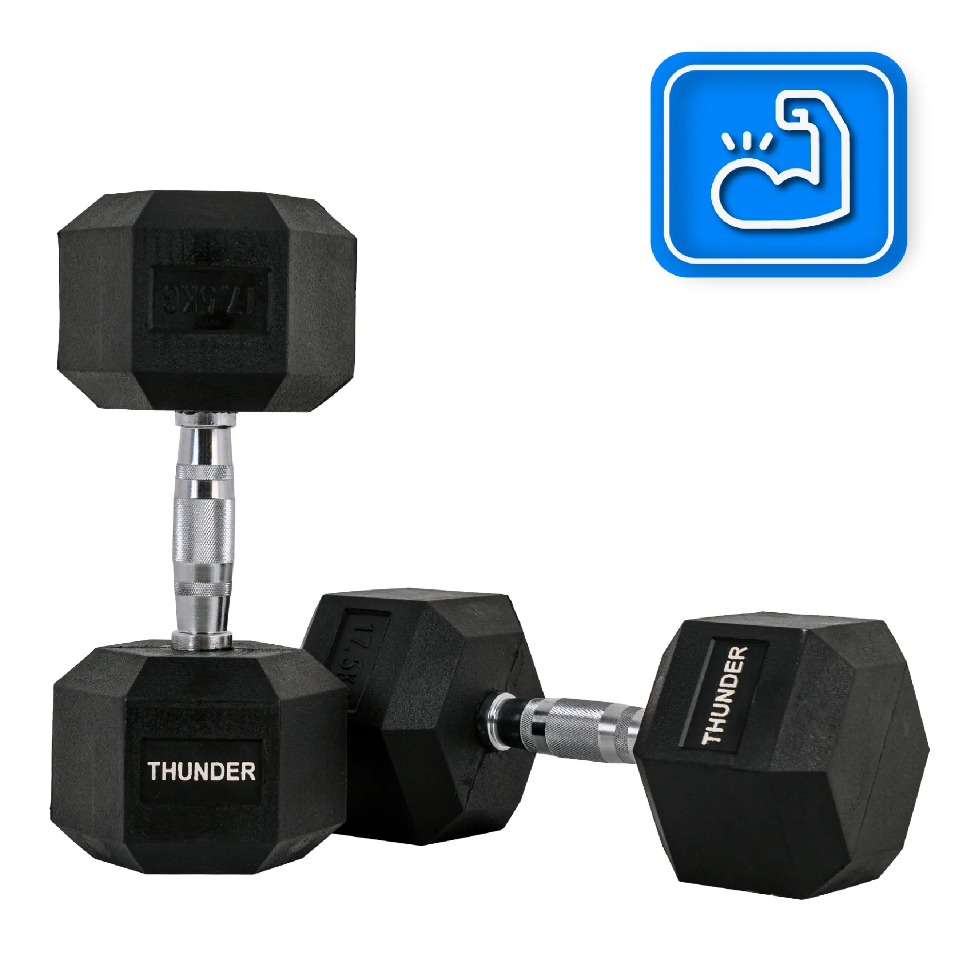 Dwie czarne hantle. Jedna w pozycji pionowej, z ikoną umięśnionego ramienia w rogu. Widoczne słowo THUNDER.