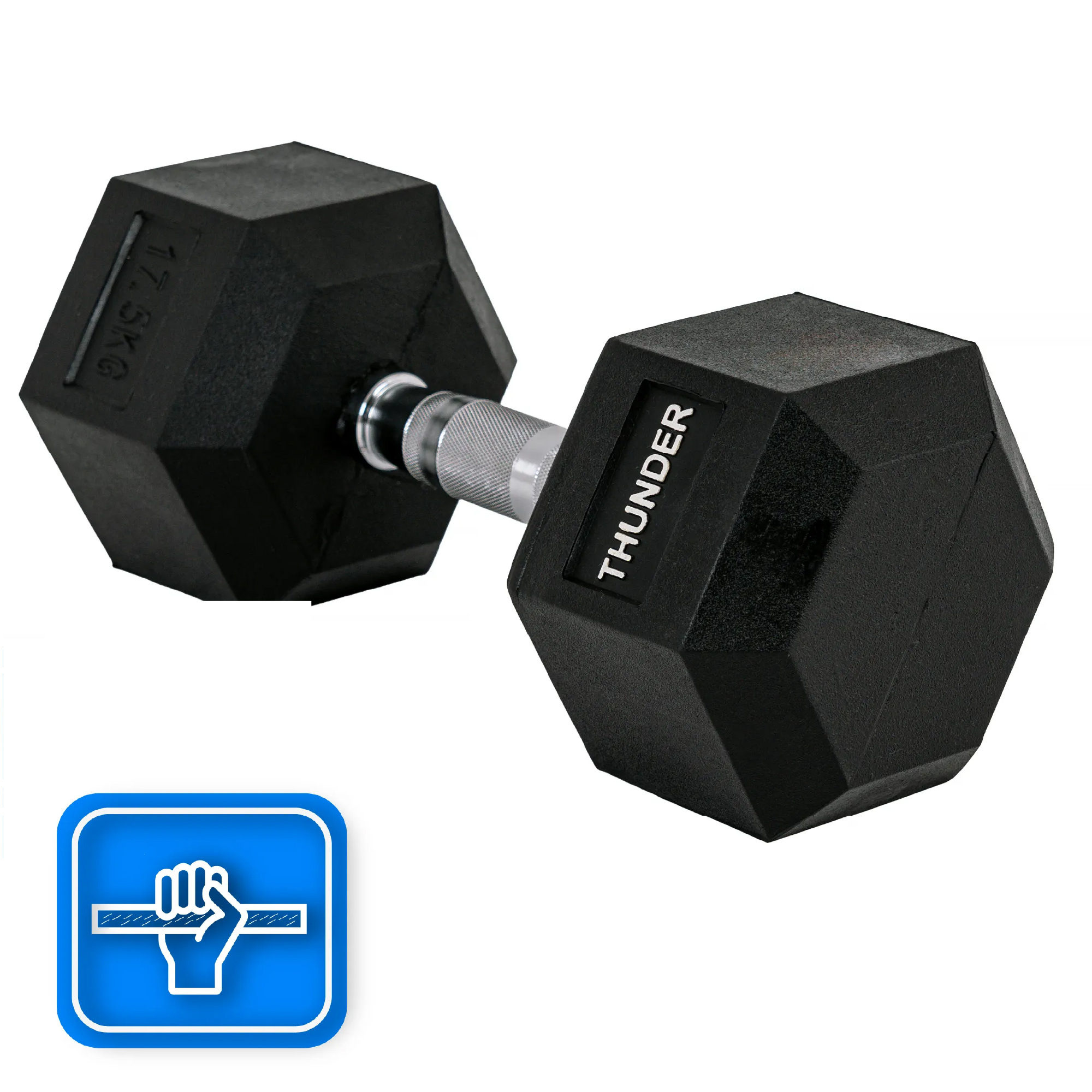 Czarna hantla ze srebrnym uchwytem. Widoczne słowo THUNDER. Ikona dłoni pokazuje trzymanie hantli.