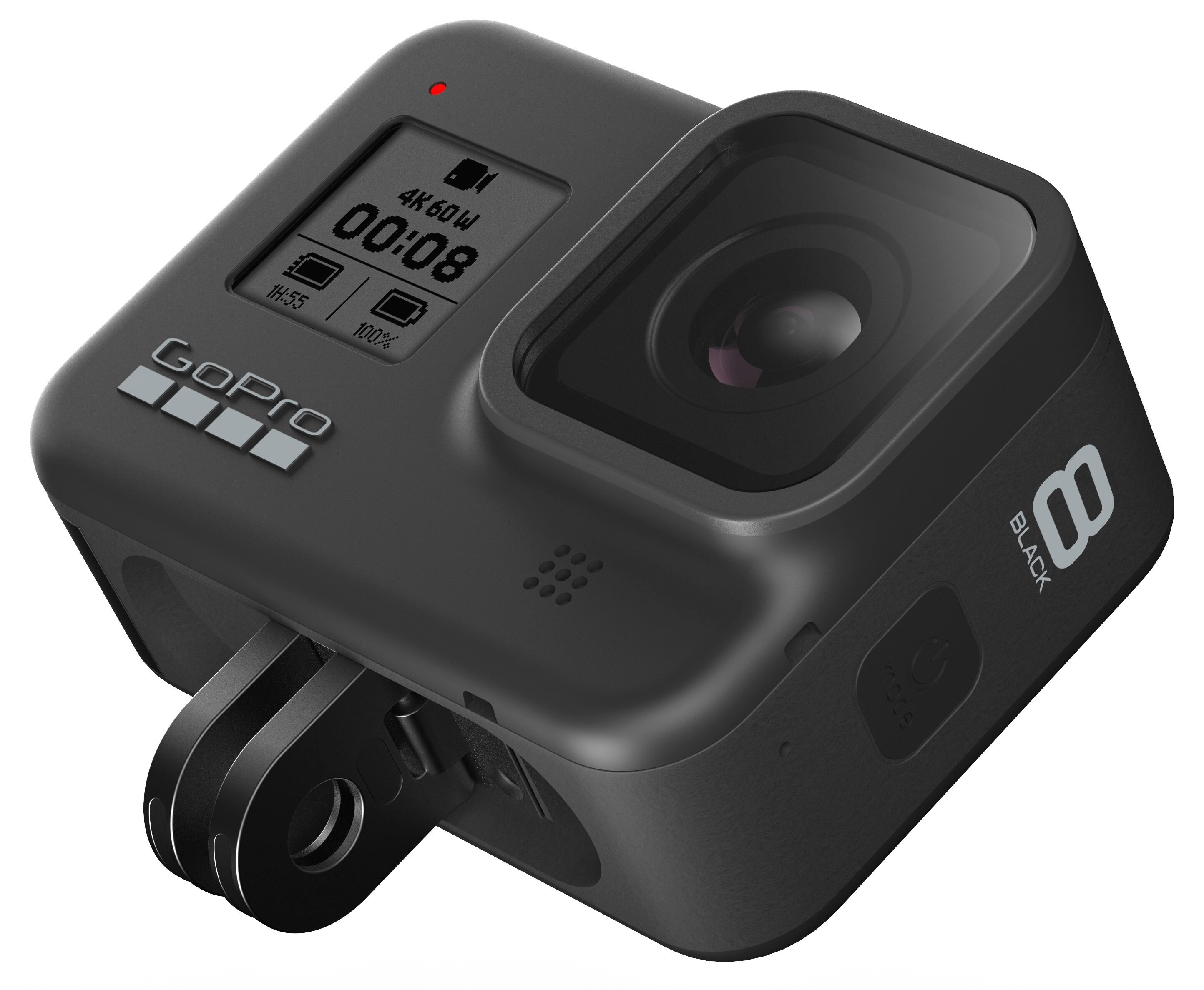 Eine schwarze GoPro Hero 8 Black Kamera mit einem Bildschirm, der Videoinformationen anzeigt.