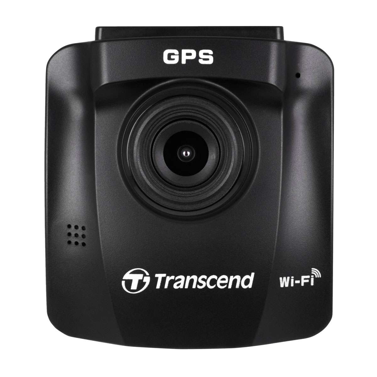 Eine schwarze Dashcam mit 'GPS' oben und 'Transcend' und 'Wi-Fi' vorn.