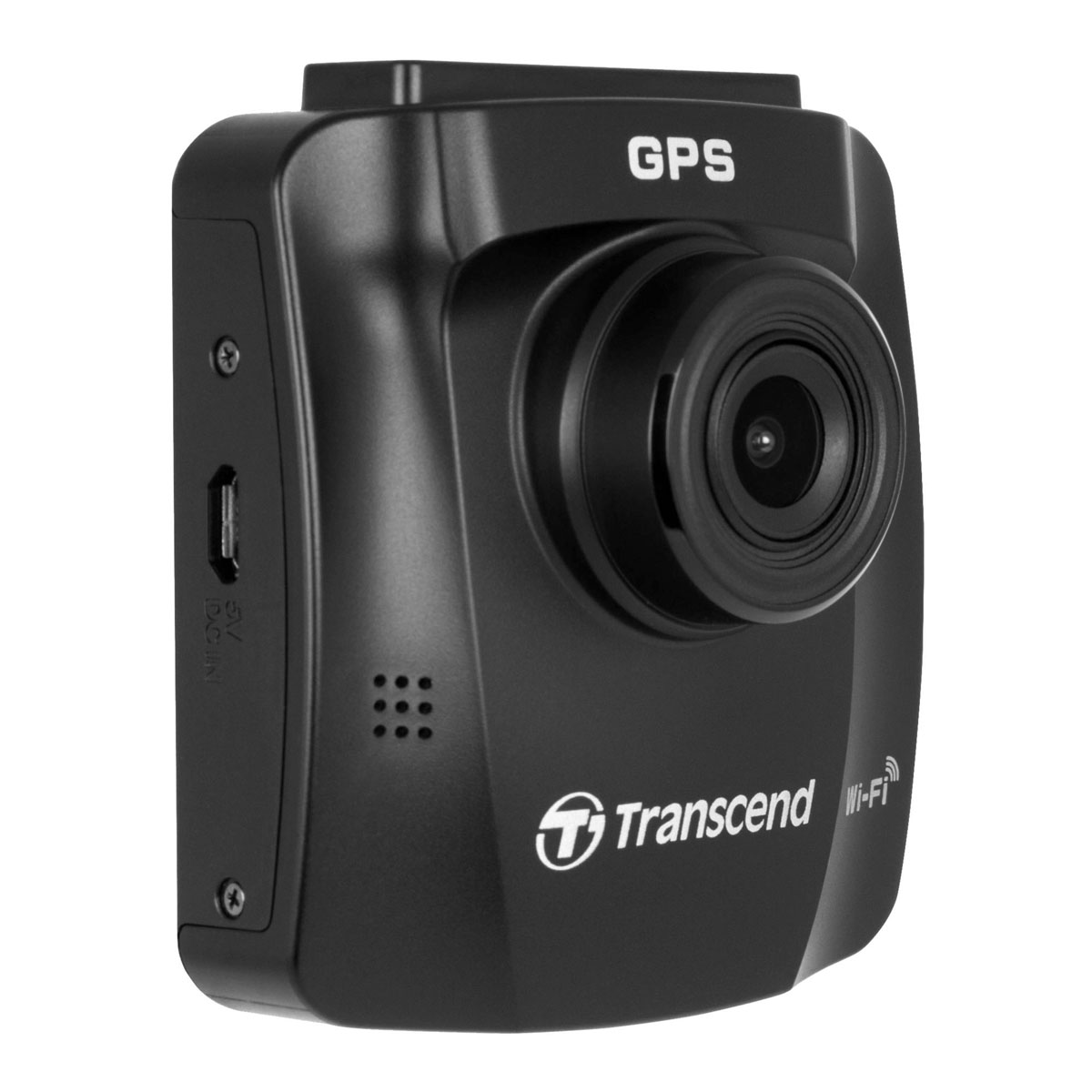 Schwarze Dashcam mit GPS und Wi-Fi. Sie hat ein Objektiv, Knöpfe und das Transcend-Logo. Auf weißem Hintergrund.