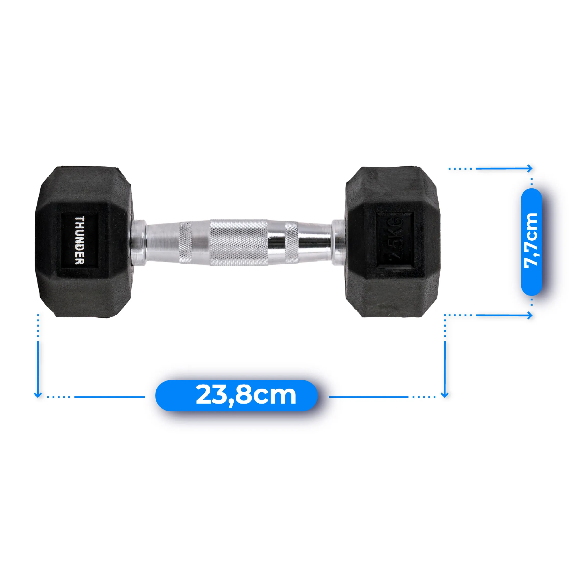 Czarna hantle. Pokazuje wymiary: 23,8 cm długości i 7,7 cm wysokości.