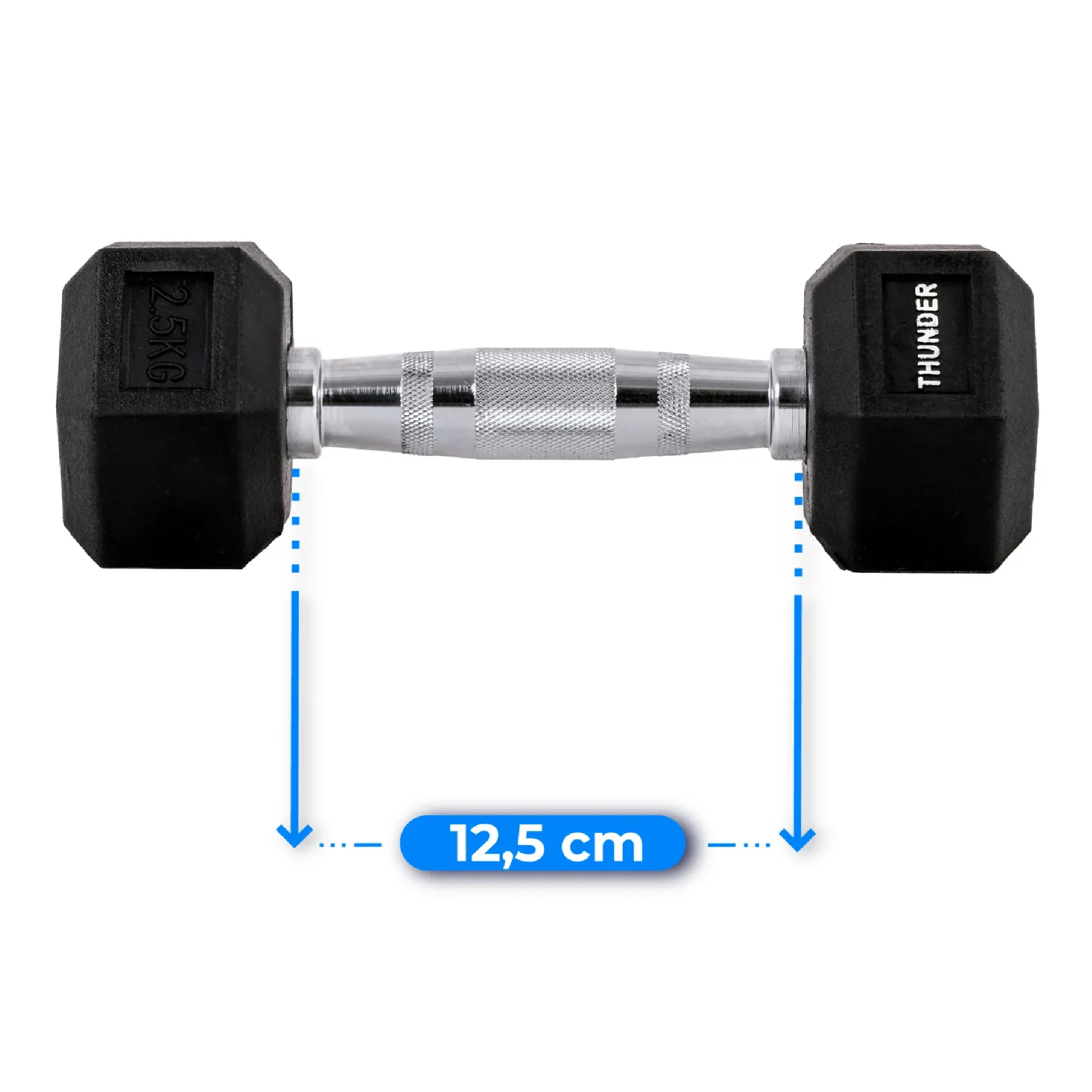 Hantle z liniami pomiarowymi wskazującymi 12,5 cm. Czarne, sześciokątne ze srebrnym uchwytem i niebieskimi liniami.