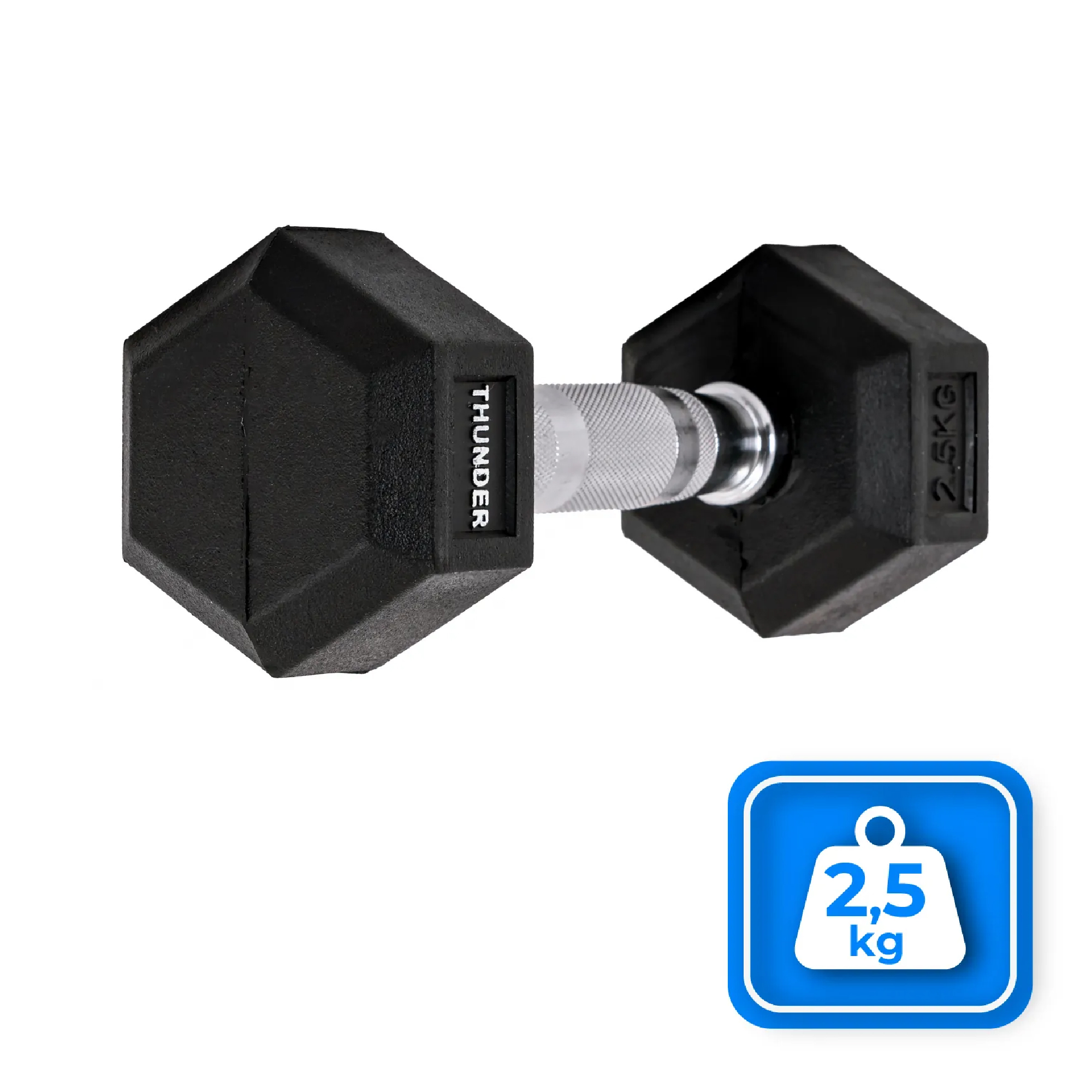 Czarna hantle z 'THUNDER' i '2.5 kg', niebieskie pudełko z ikoną wagi.