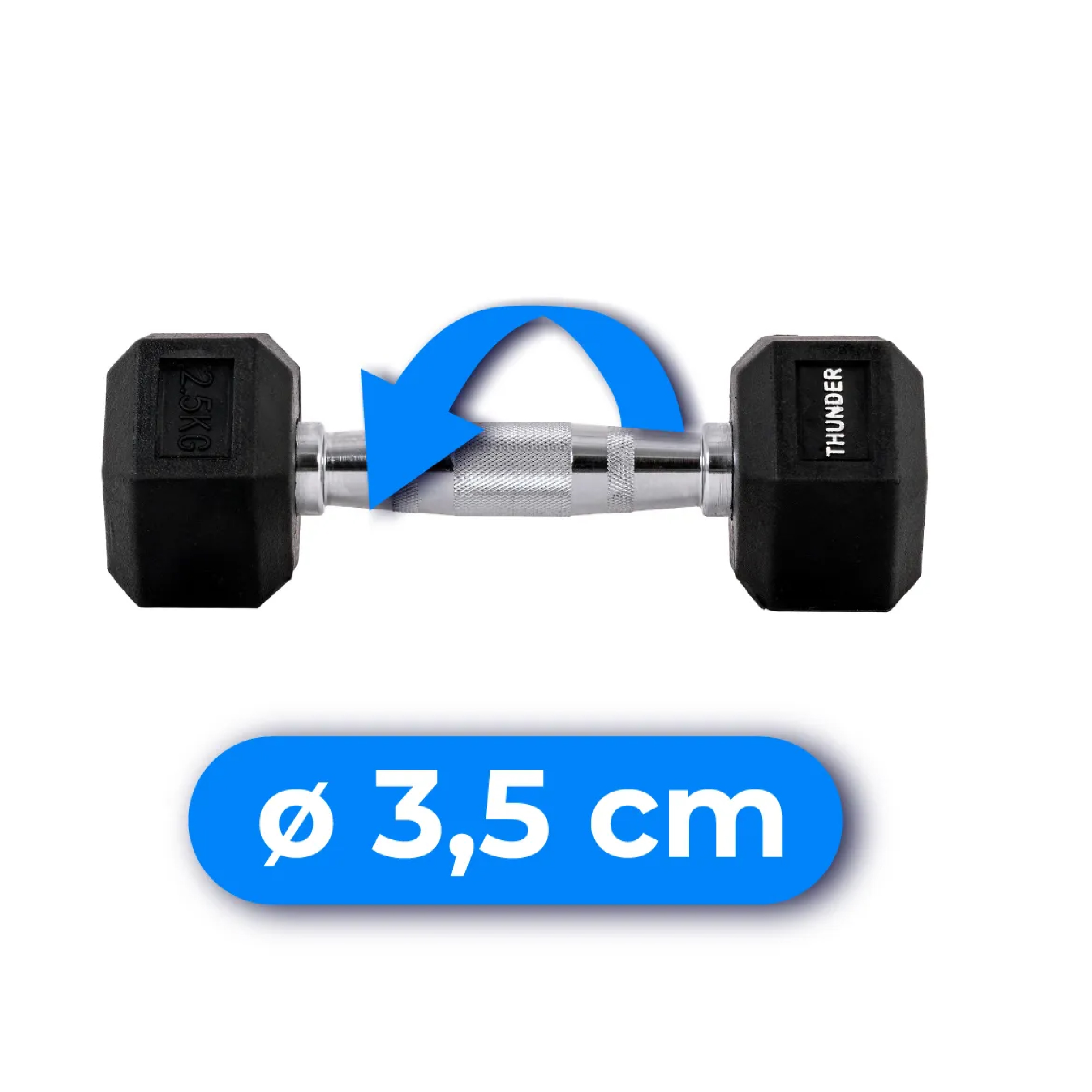 Hantle z niebieską zakrzywioną strzałką. Czarne, sześciokątne ze srebrnym uchwytem i tekstem: Ø 3,5 cm.