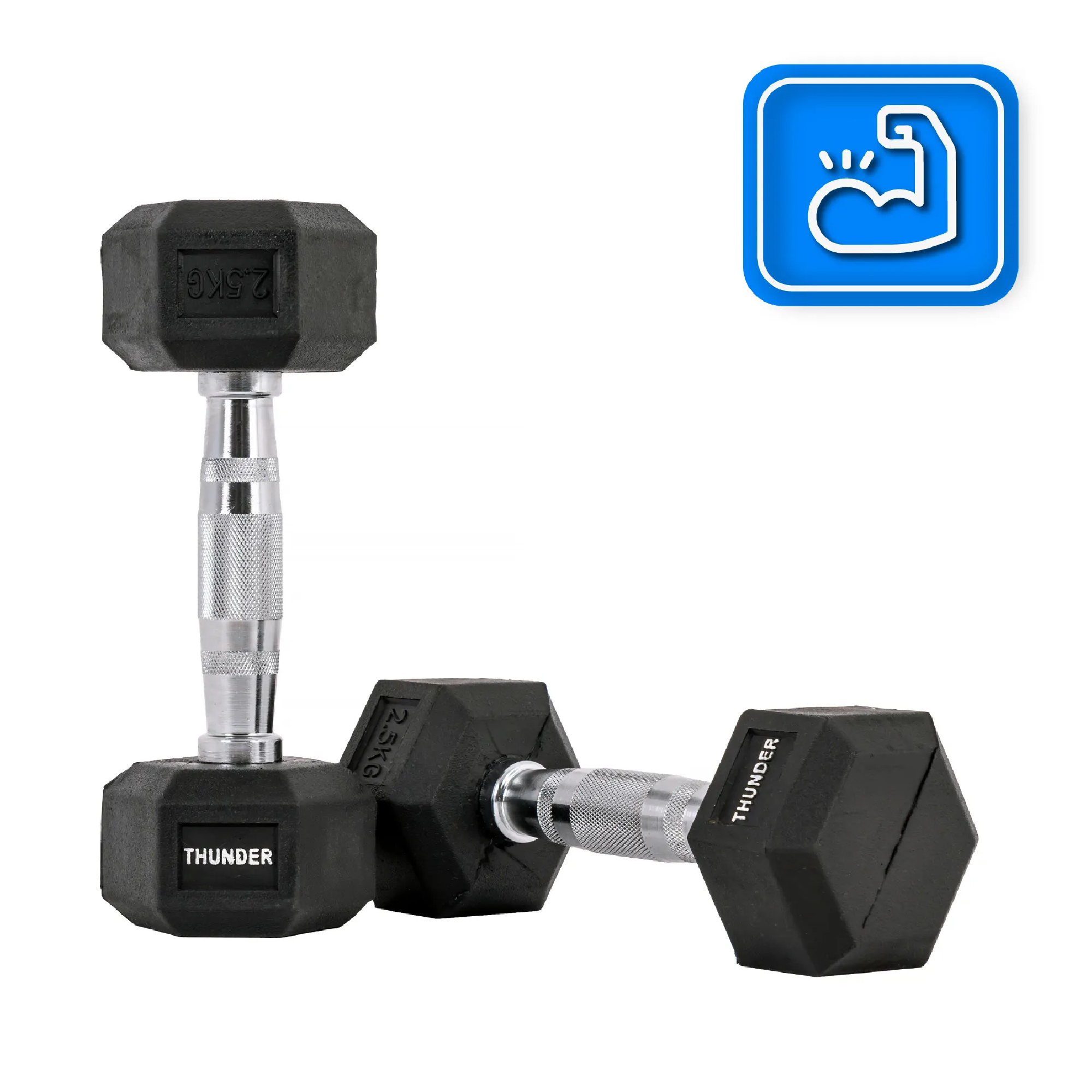 Dwie hantle i niebieska ikona zginającego się ramienia. Sześciokątne, czarne ze srebrnymi uchwytami.