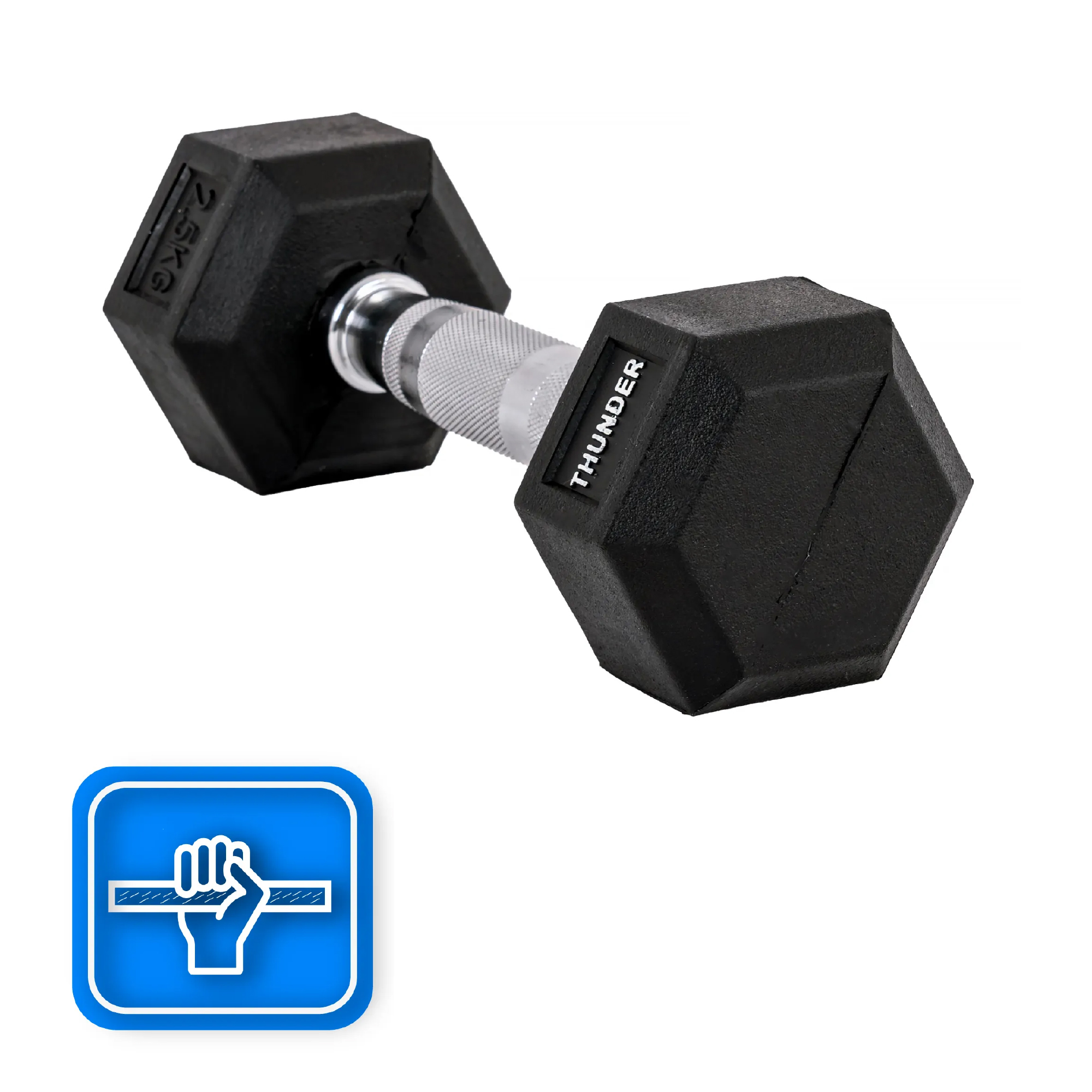 Czarna hantle z 'THUNDER' i '2.5 kg', niebieskie pudełko z ikoną uchwytu dłoni.