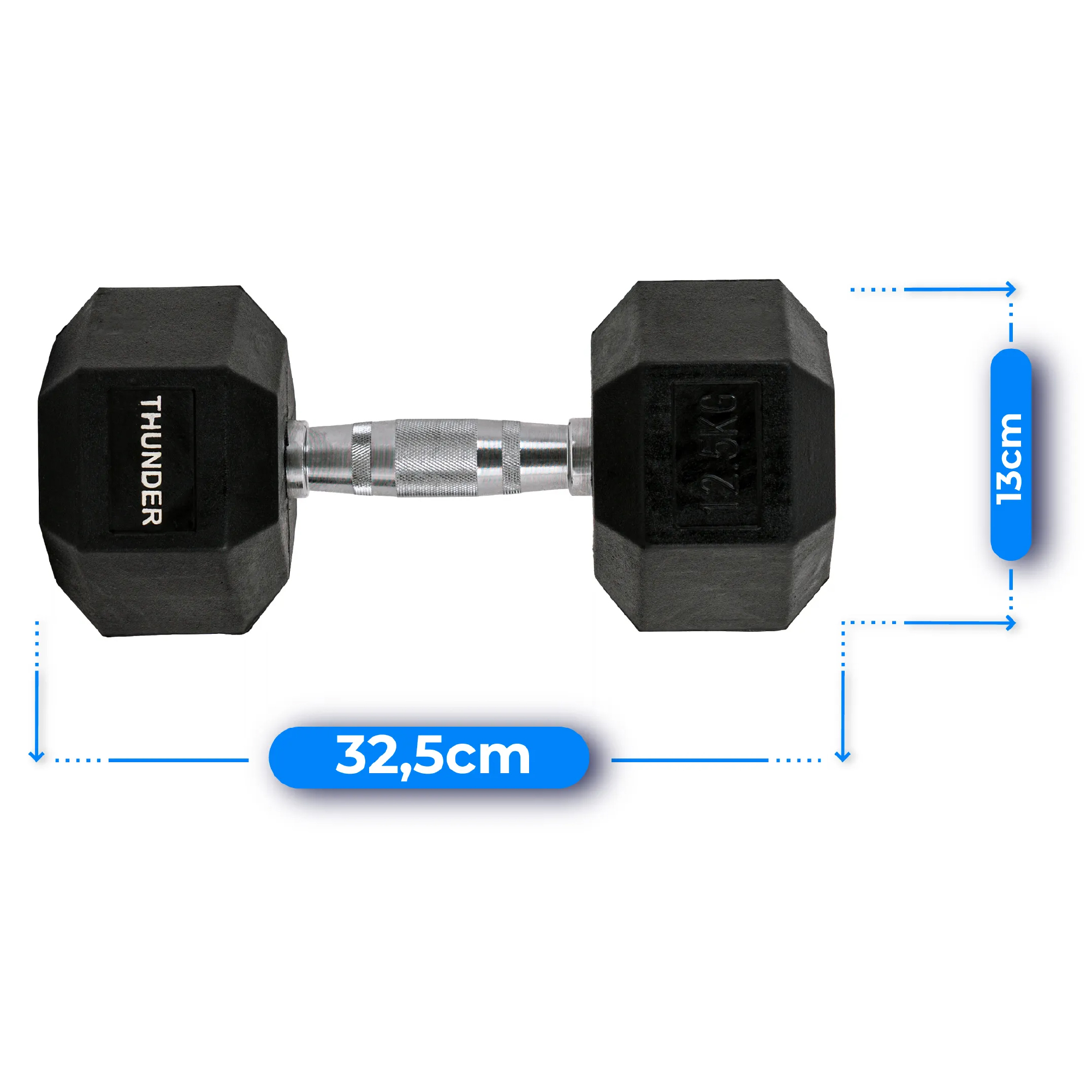 Czarna hantla ze srebrnym uchwytem, białe tło. Ma 32,5 cm długości i 13 cm wysokości. Jest napisane Thunder.