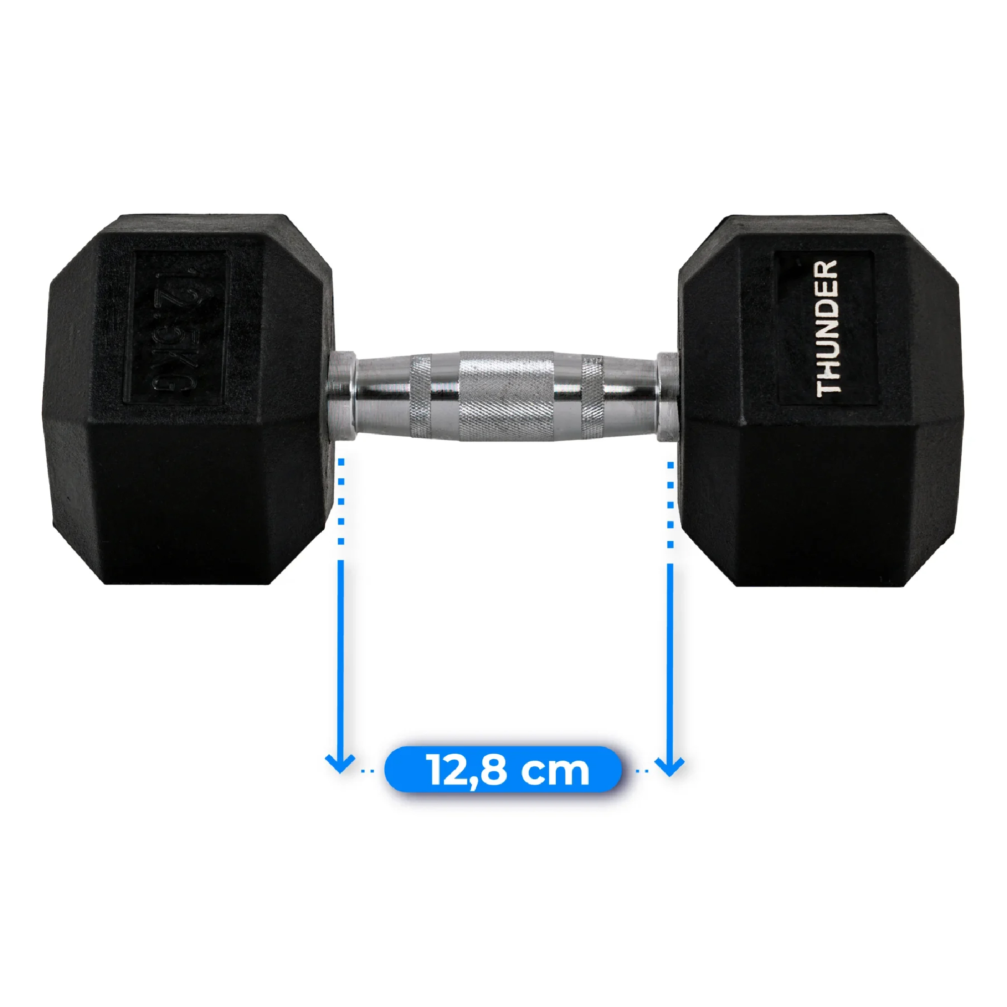 Czarna hantla ze srebrnym uchwytem, białe tło. Rozmiar to 12,8 cm. Waży 12,5 kg. Jest napisane Thunder.