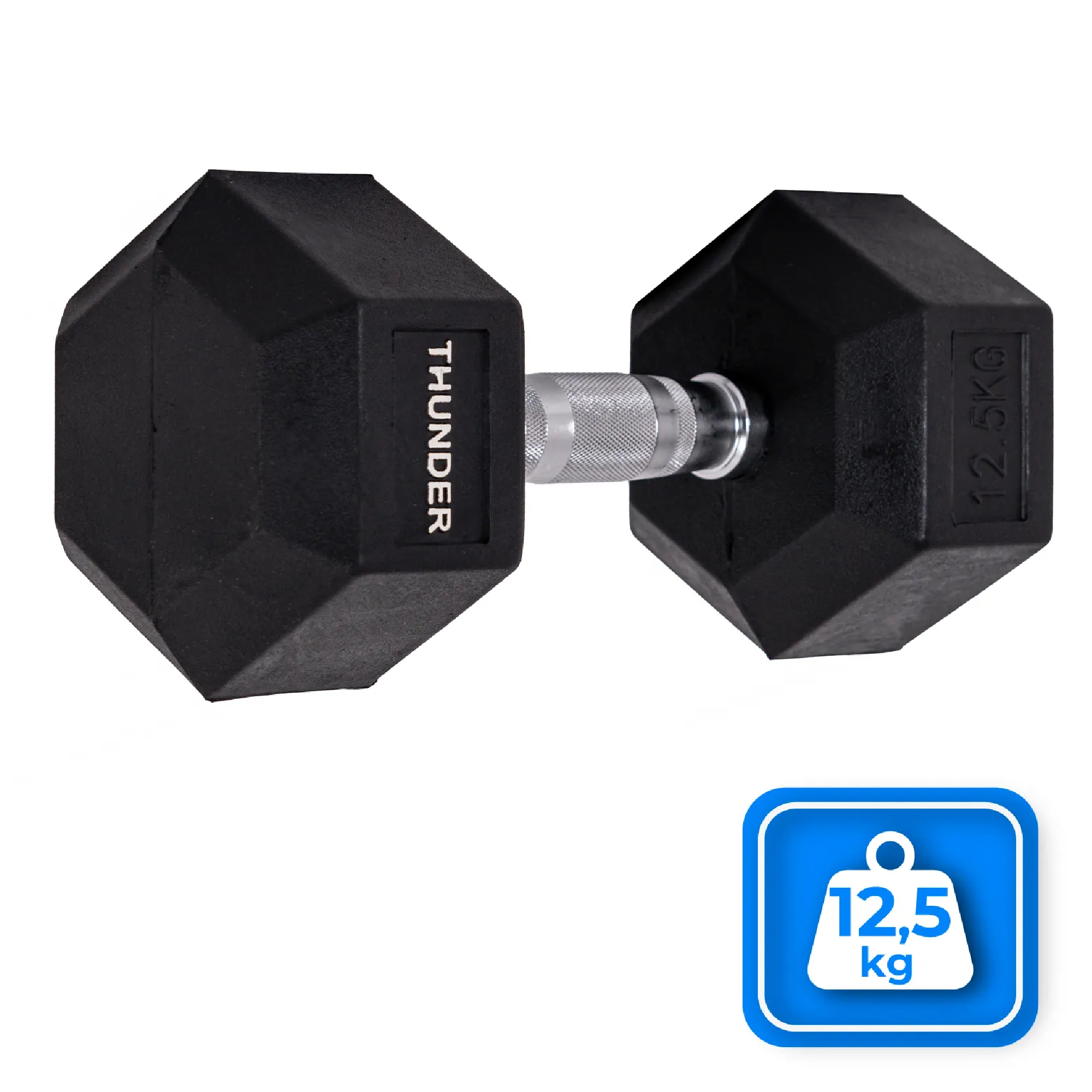 Czarna hantla ze srebrnym uchwytem, białe tło. Waga 12,5 kg. Jest napisane Thunder.