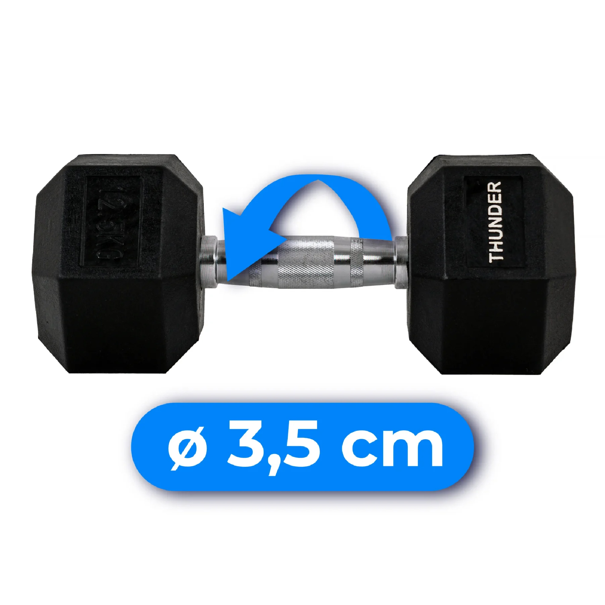 Hantle z niebieską zakrzywioną strzałką. Czarne, sześciokątne ze srebrnym uchwytem i tekstem: Ø 3,5 cm.