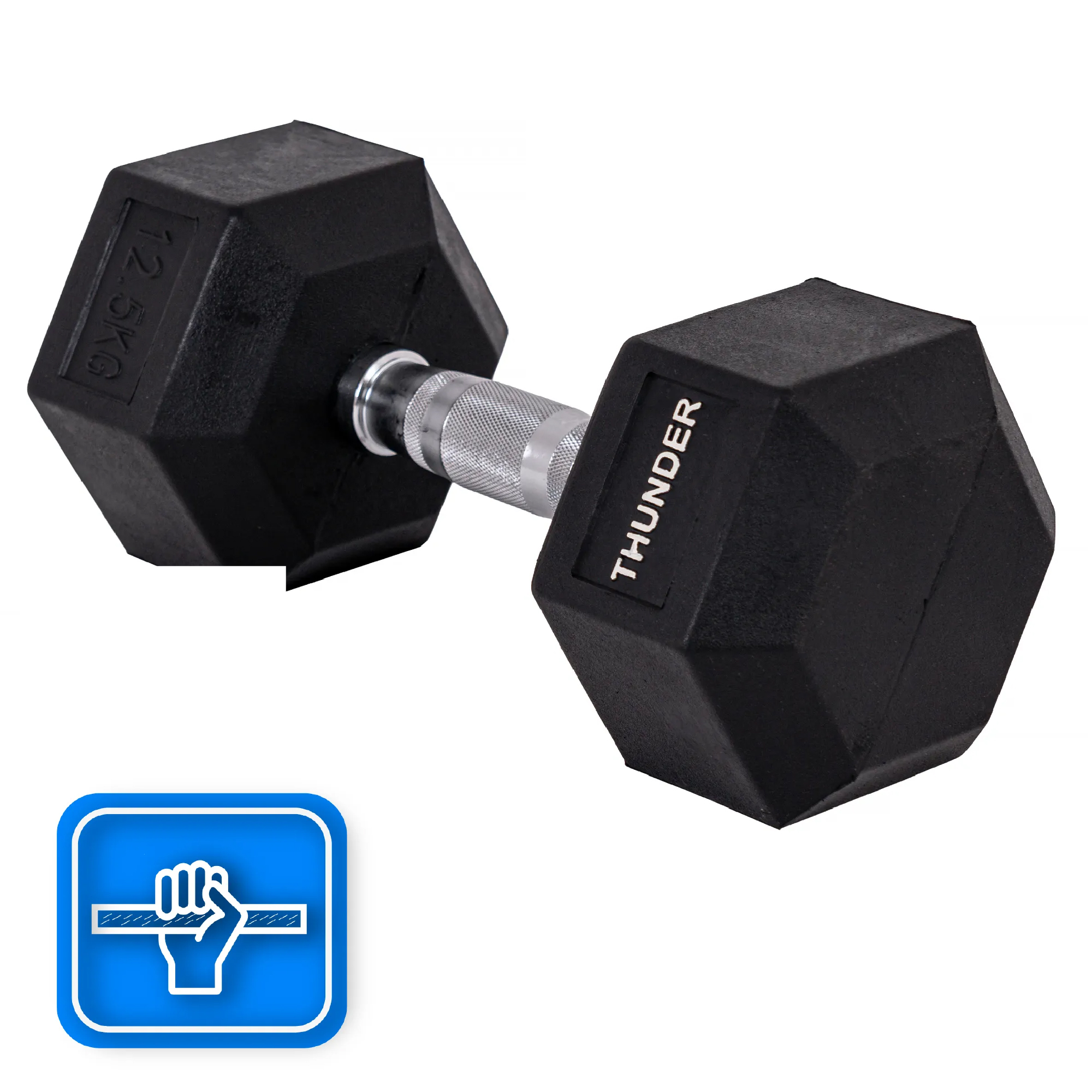 Czarna hantla ze srebrnym uchwytem i białym tłem. Ikona dłoni w niebieskim kwadracie. Jest napisane Thunder.