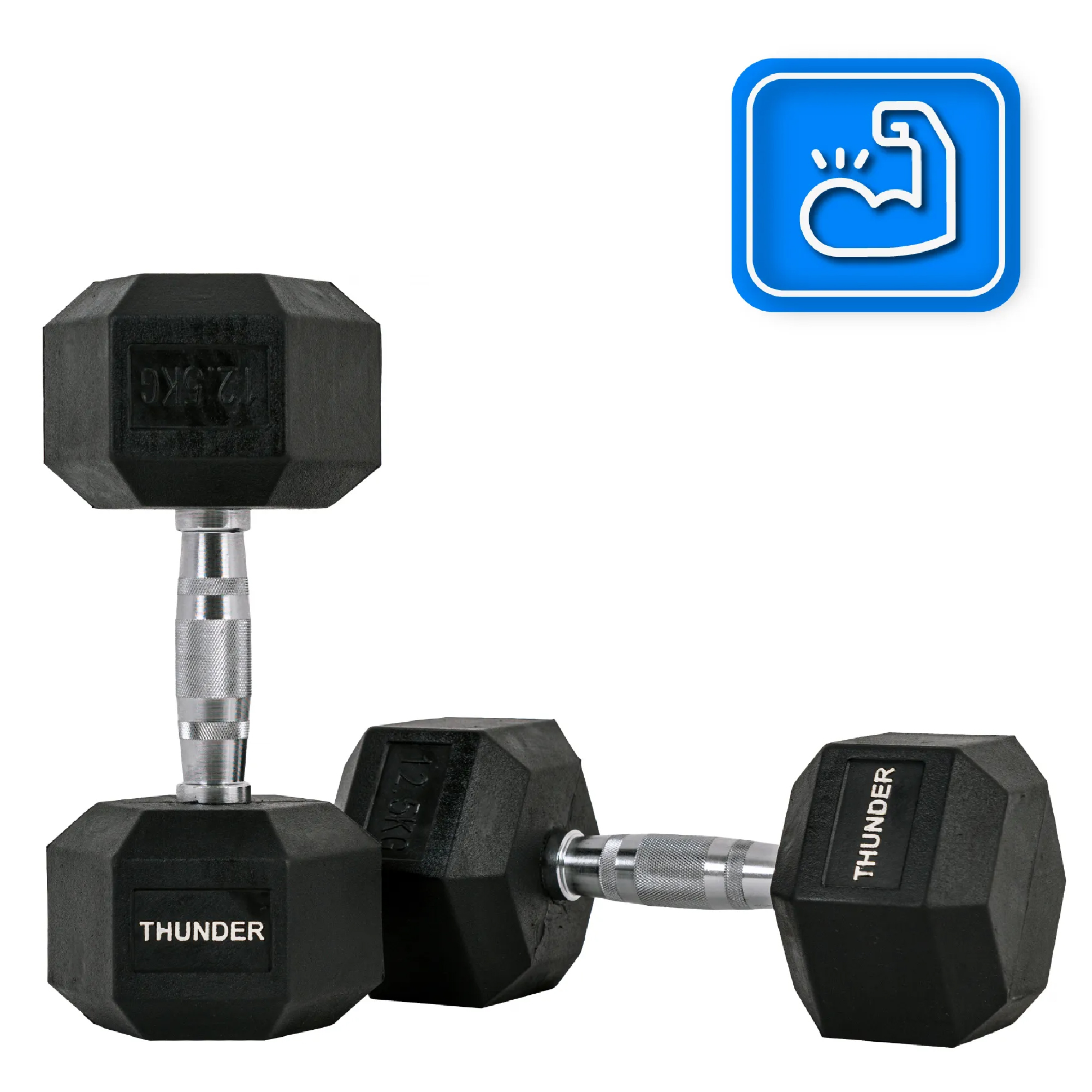 Dwie czarne hantle ze srebrnymi uchwytami, białe tło. Ikona zgięcia ramienia w niebieskim kwadracie. Jest napisane Thunder.