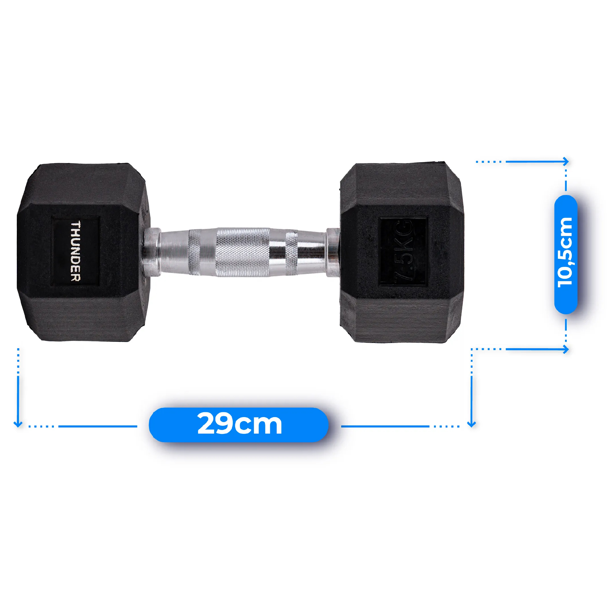 Czarna hantla ze srebrnym uchwytem. Oznaczona 'THUNDER' i '7.5KG'. Wymiary 29cm x 10,5cm. Wskazana waga.