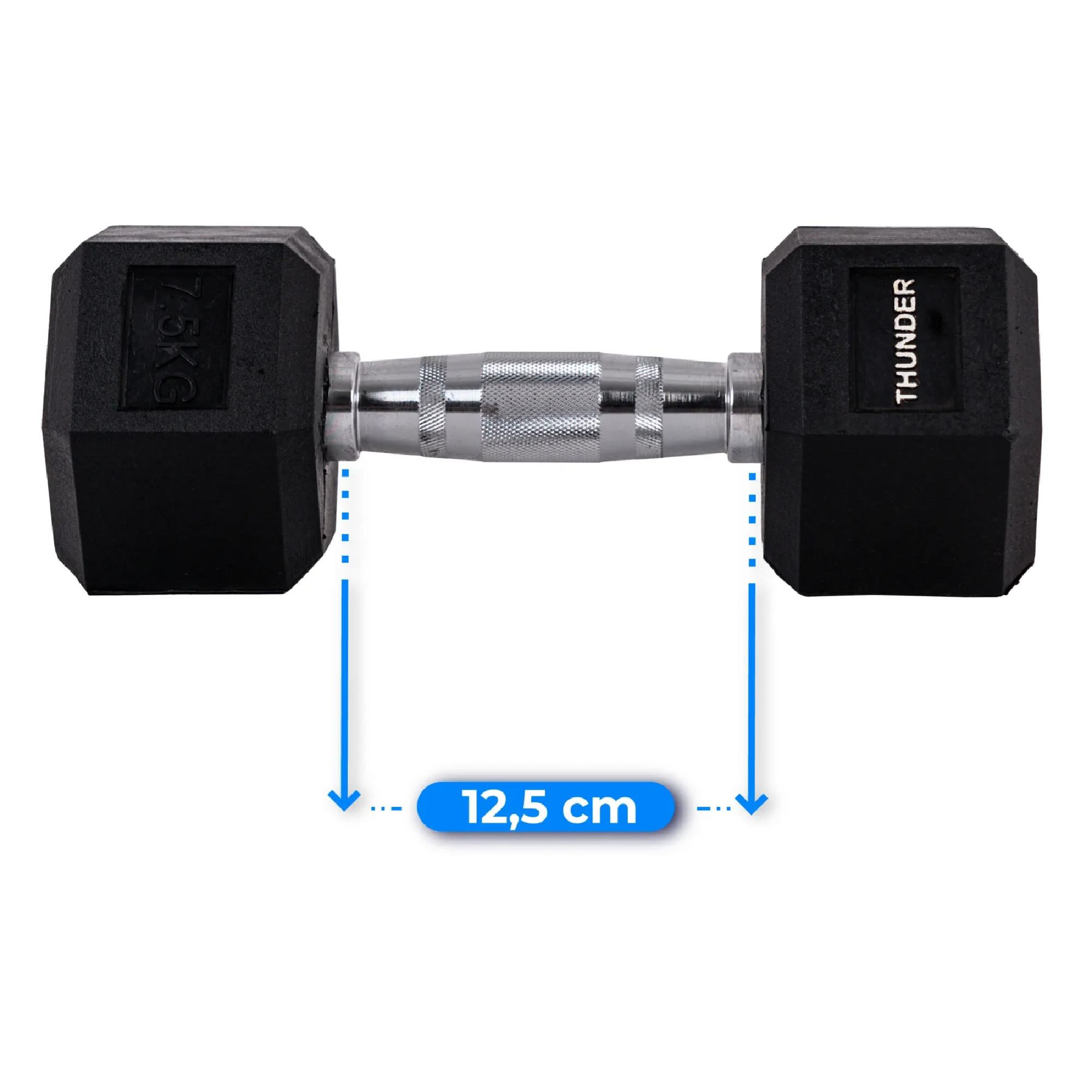 Czarna hantla ze srebrnym uchwytem, białe tło. Ma 12,5 cm długości. Jest napisane Thunder.