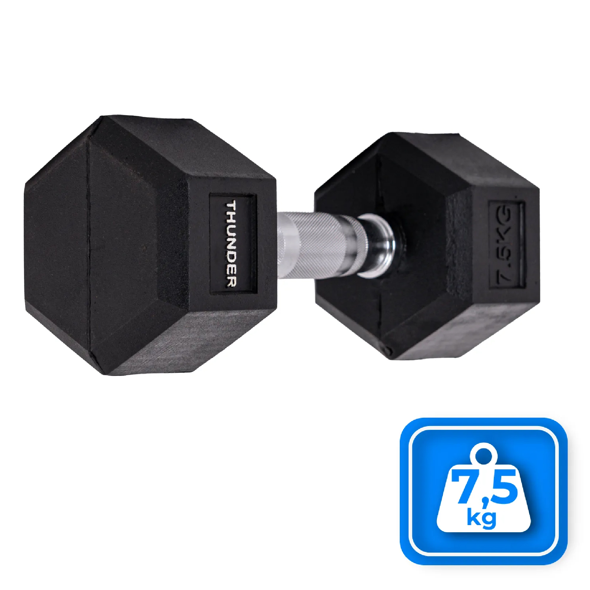 Czarna hantla ze srebrnym uchwytem, białe tło. Waga 7,5 kg. Jest napisane Thunder.