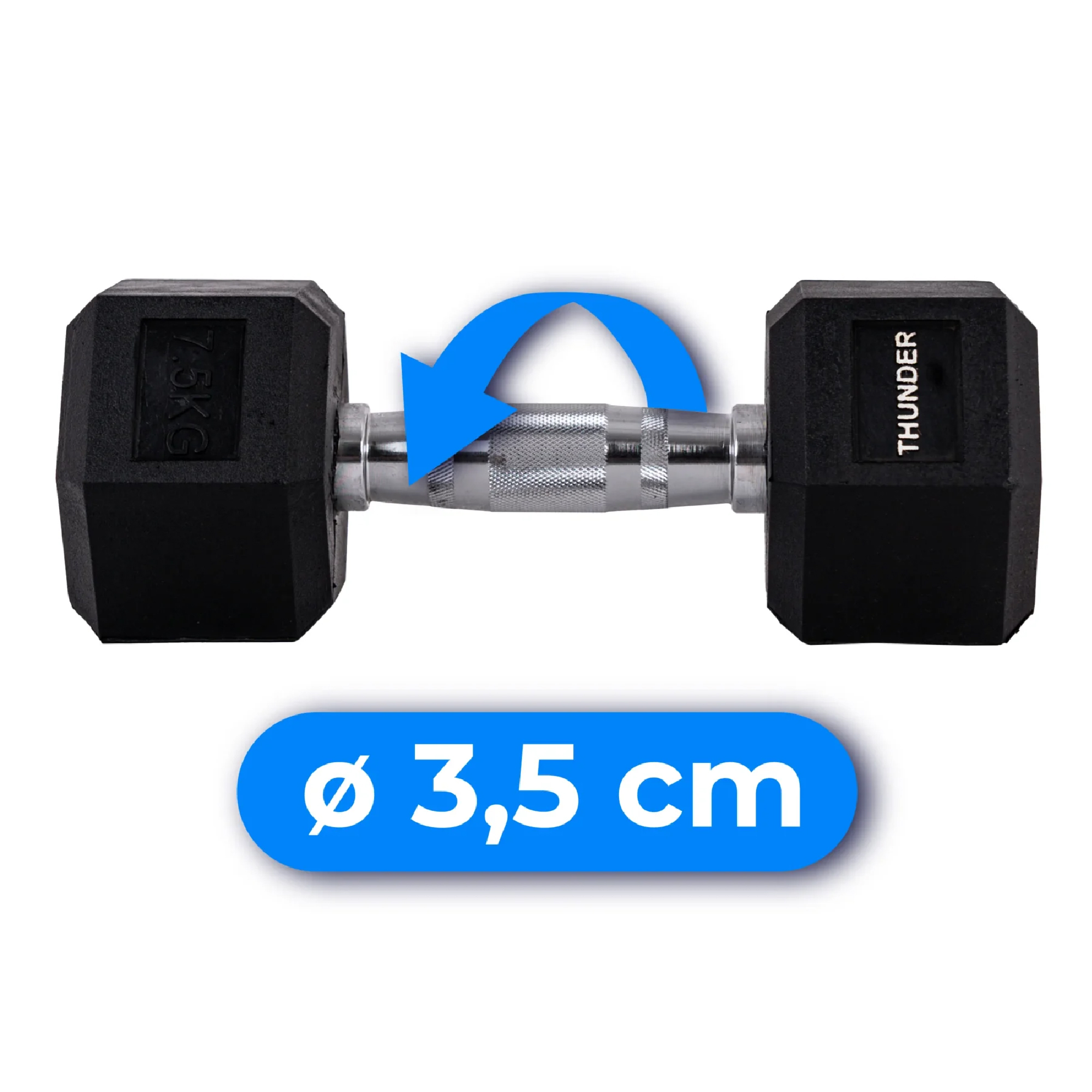 Czarna hantla ze srebrnym uchwytem, białe tło. Średnica 3,5 cm. Jest napisane Thunder.