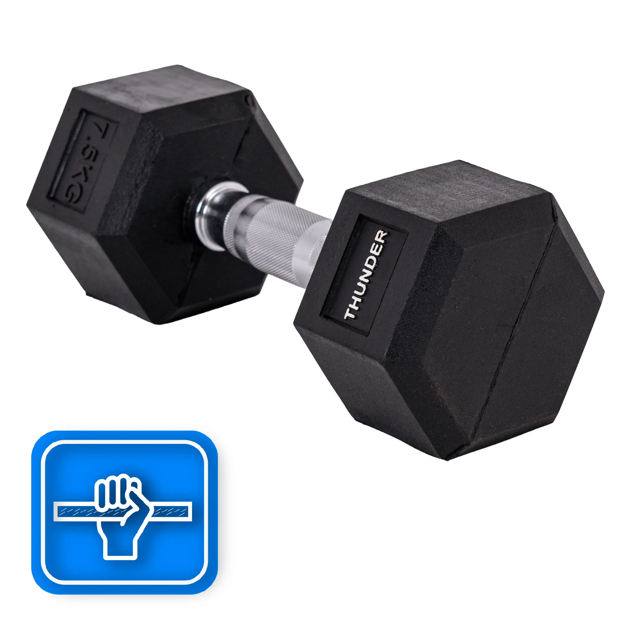 Czarna hantla ze srebrnym uchwytem, białe tło. Ikona dłoni w niebieskim kwadracie. Jest napisane Thunder.
