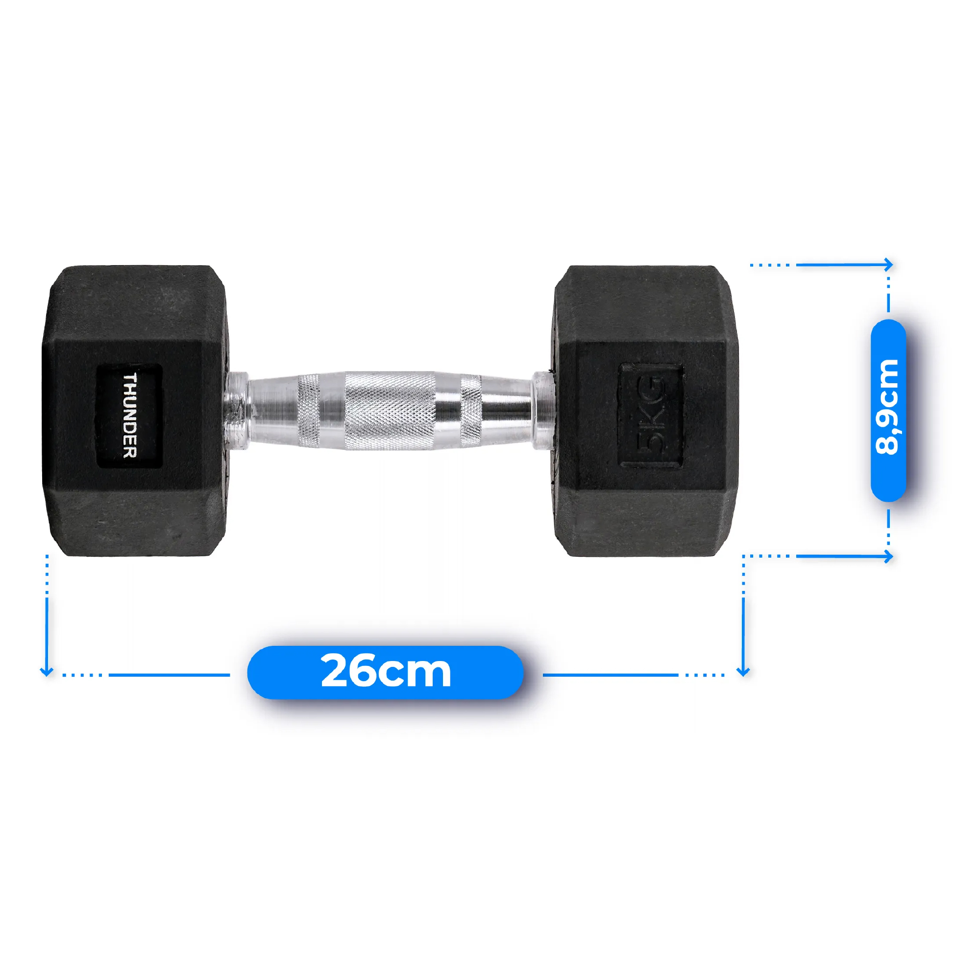 Czarna hantle ze srebrnym uchwytem, oznaczone 'THUNDER' i '5KG'. Wymiary to 26cm i 8.9cm.