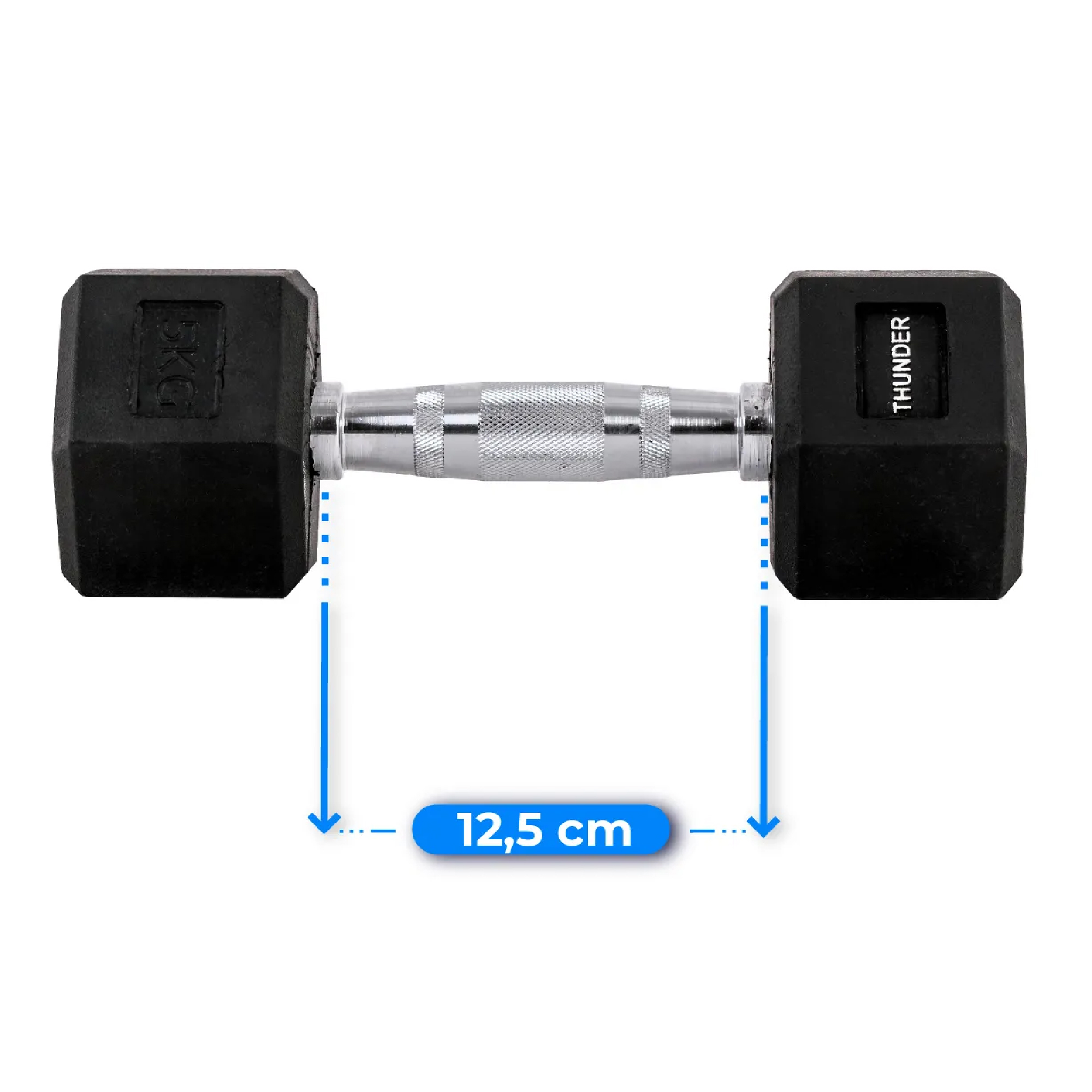 Czarna hantle ze srebrnym uchwytem. Oznaczone 'THUNDER' i '5KG'. Wymiary: 12.5cm.