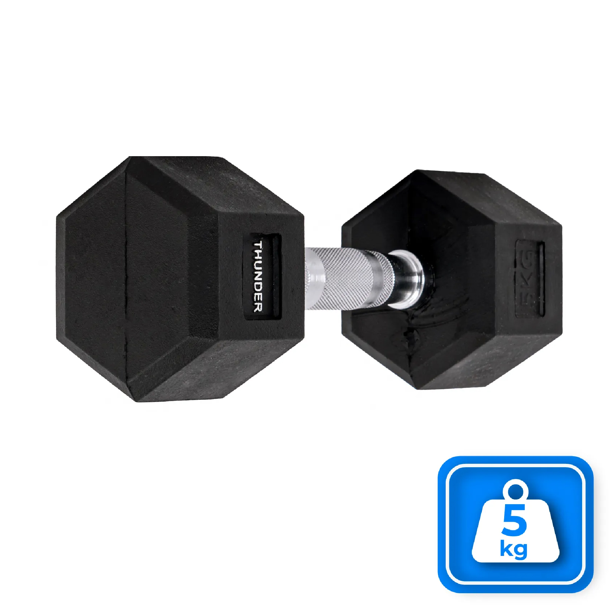 Czarna hantla 5 kg. Srebrny uchwyt. Marka 'THUNDER'.