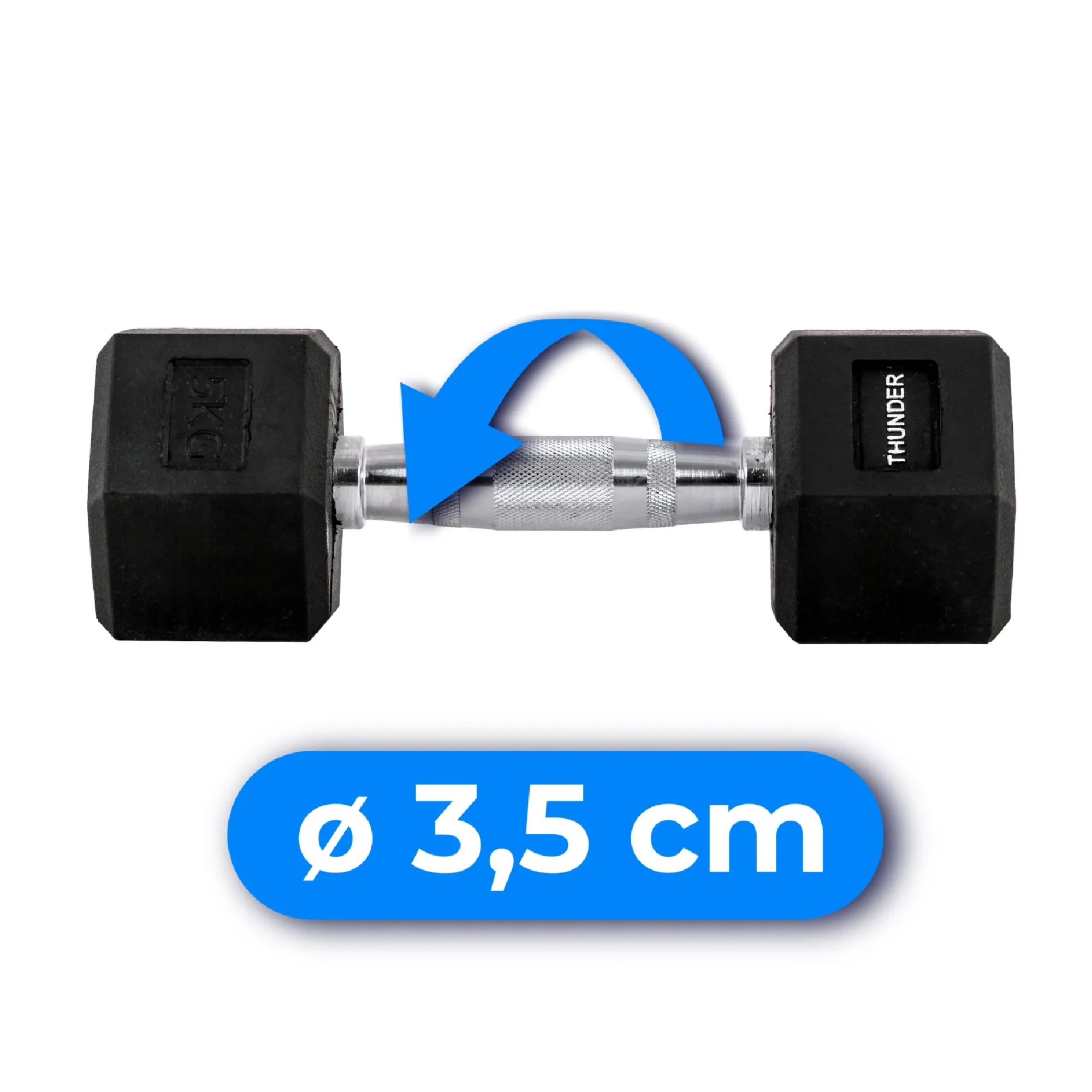 Czarna hantle ze srebrnym uchwytem, oznaczone '5KG' i 'THUNDER'. Średnica: 3.5cm.