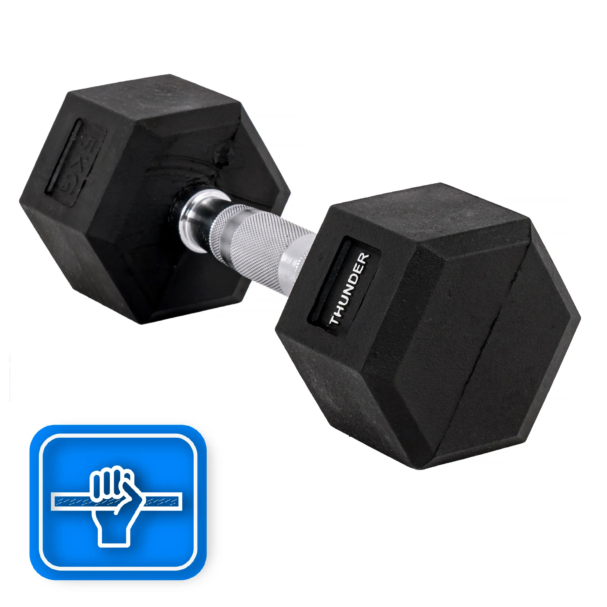 Czarna hantle ze srebrnym uchwytem. Oznaczone 'THUNDER' i '5KG'. Uchwyt jest pod kątem.