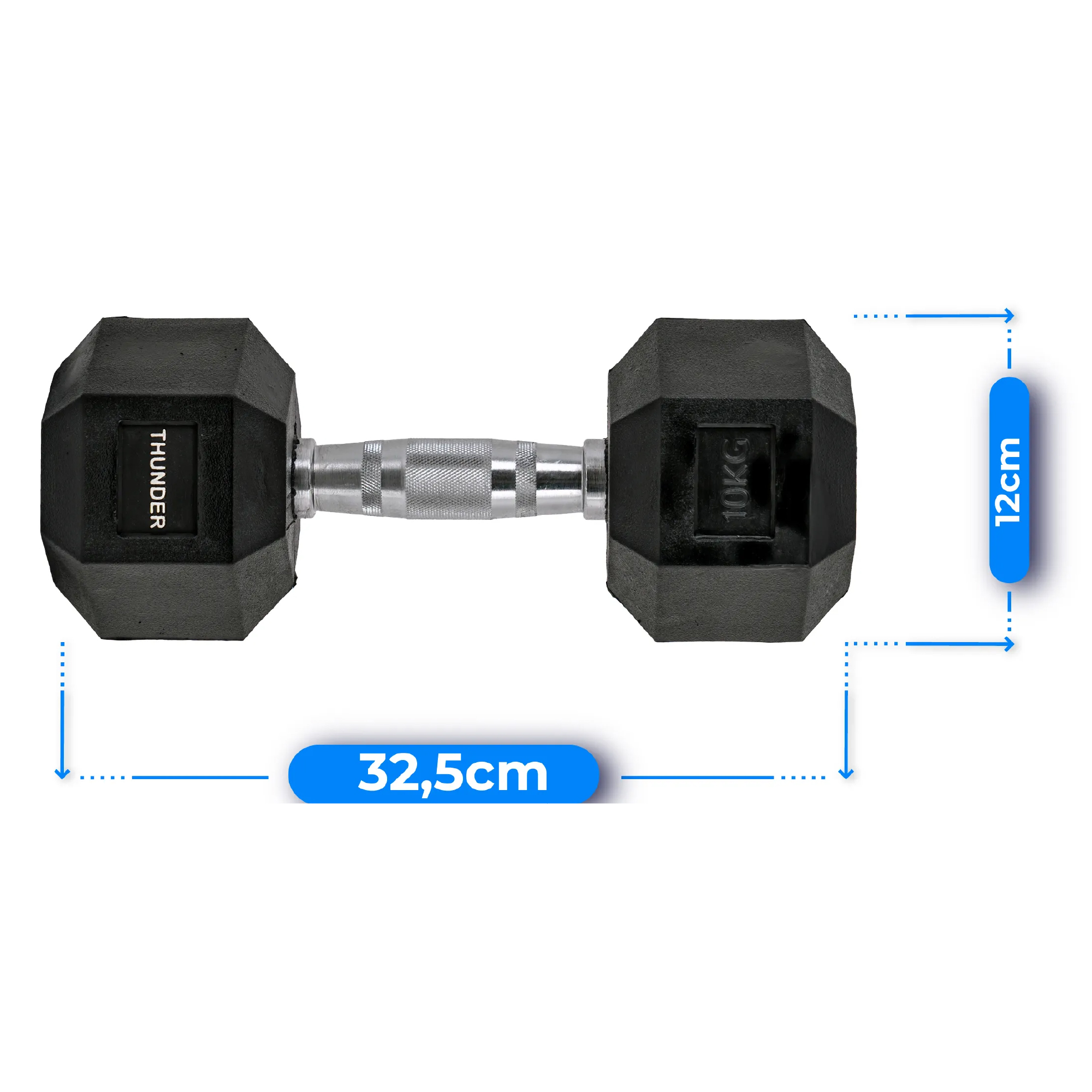 Czarna hantle ze srebrnym uchwytem. Oznaczone 'THUNDER' i '10KG'. Wymiary: 32.5cm i 12cm.