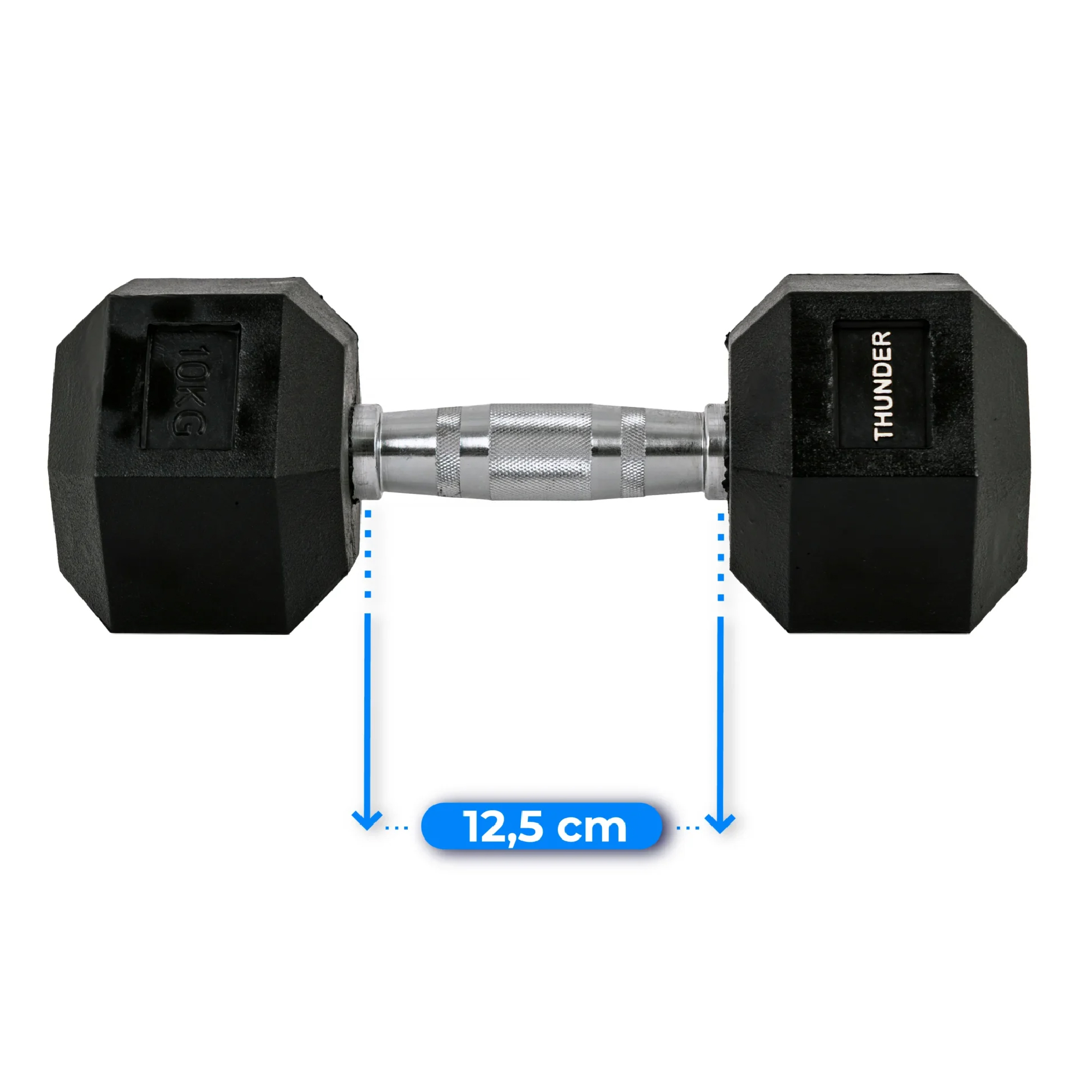 Czarna hantle ze srebrnym uchwytem. Oznaczone 'THUNDER' i '10KG'. Wymiary: 12.5cm.