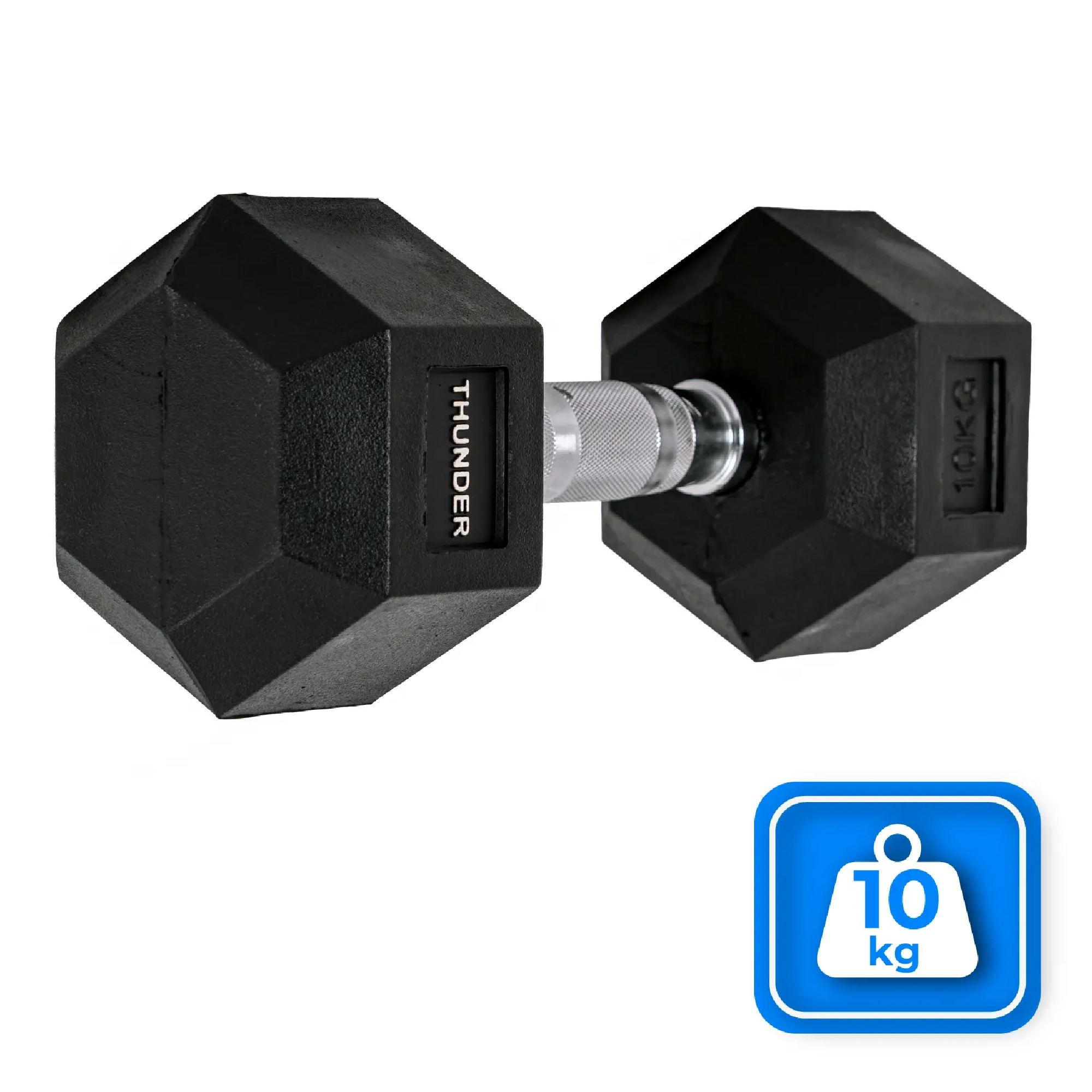 Czarna hantle ze srebrnym uchwytem. Oznaczone '10KG' i 'THUNDER'. Obecna jest ikona 10 kg.