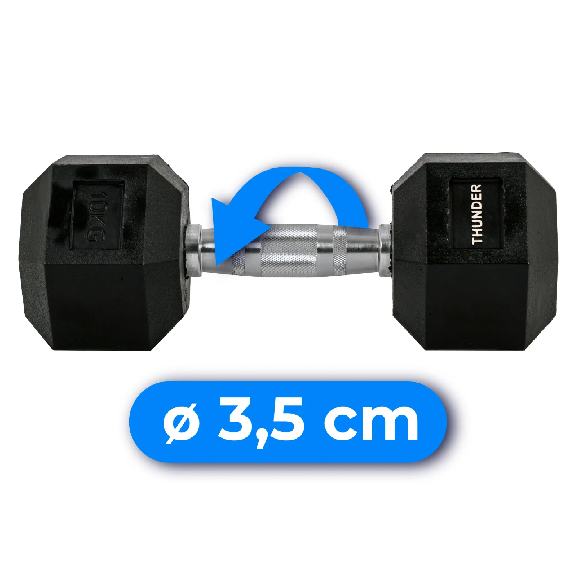 Czarna hantle ze srebrnym uchwytem, oznaczone '10KG' i 'THUNDER'. Średnica: 3.5cm.