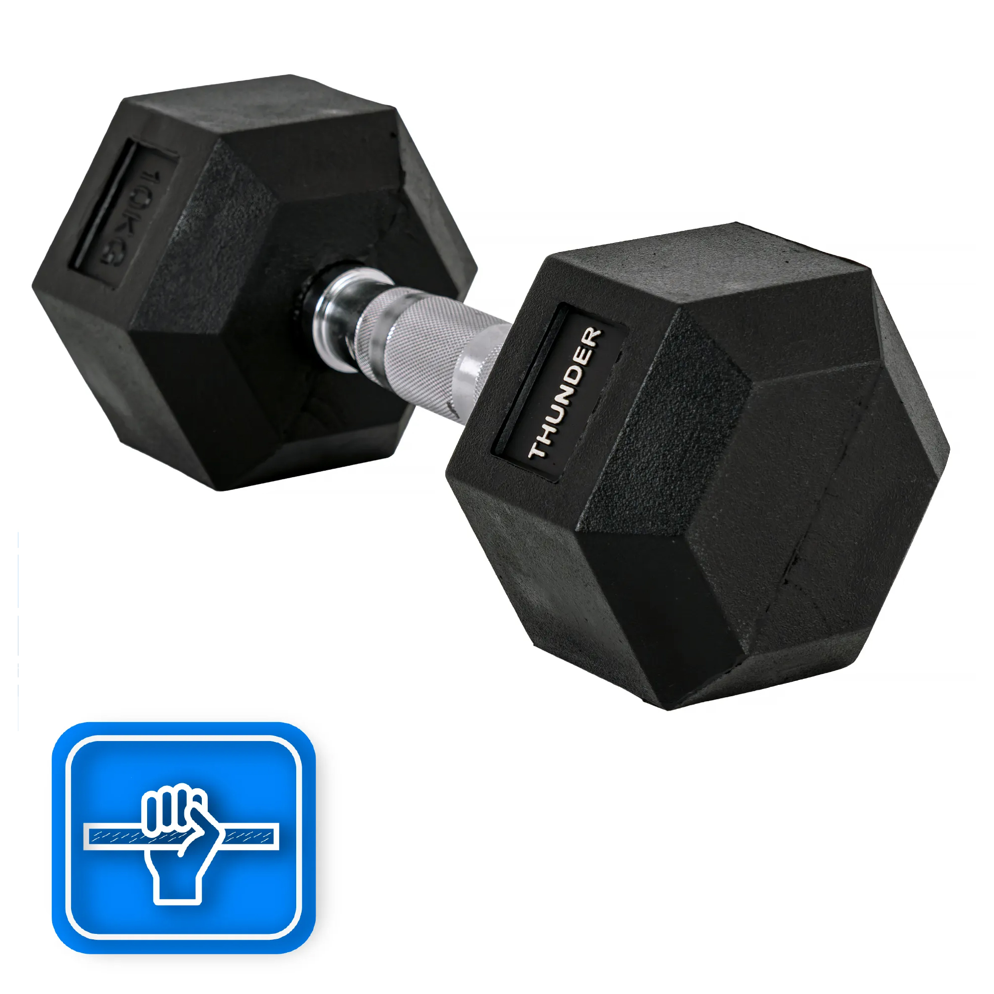 Czarna hantle ze srebrnym uchwytem. Oznaczone 'THUNDER' i '10KG'. Uchwyt jest pod kątem.