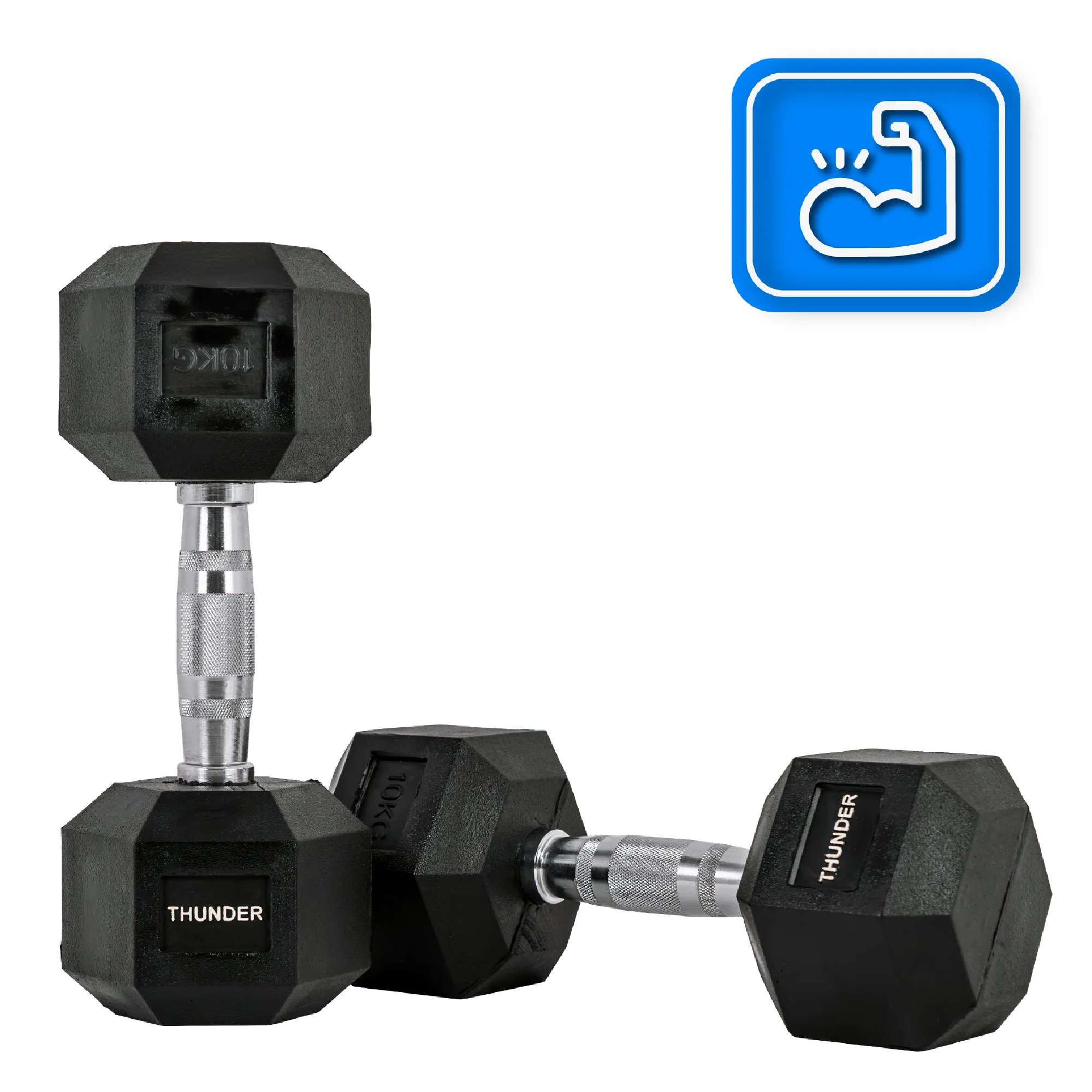 Dwie czarne hantle, jedna na ziemi, druga w pionie. Oznaczone 'THUNDER' i '10KG'.