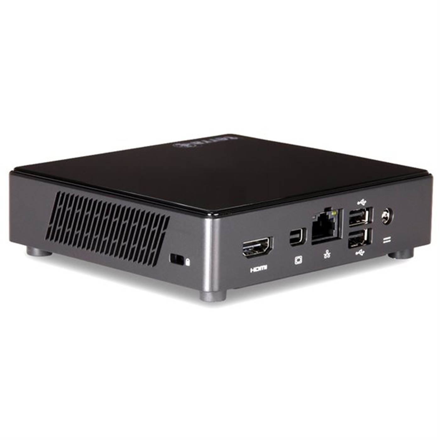Piccolo computer nero. Profilo laterale con porte, tra cui HDMI, USB ed ethernet.