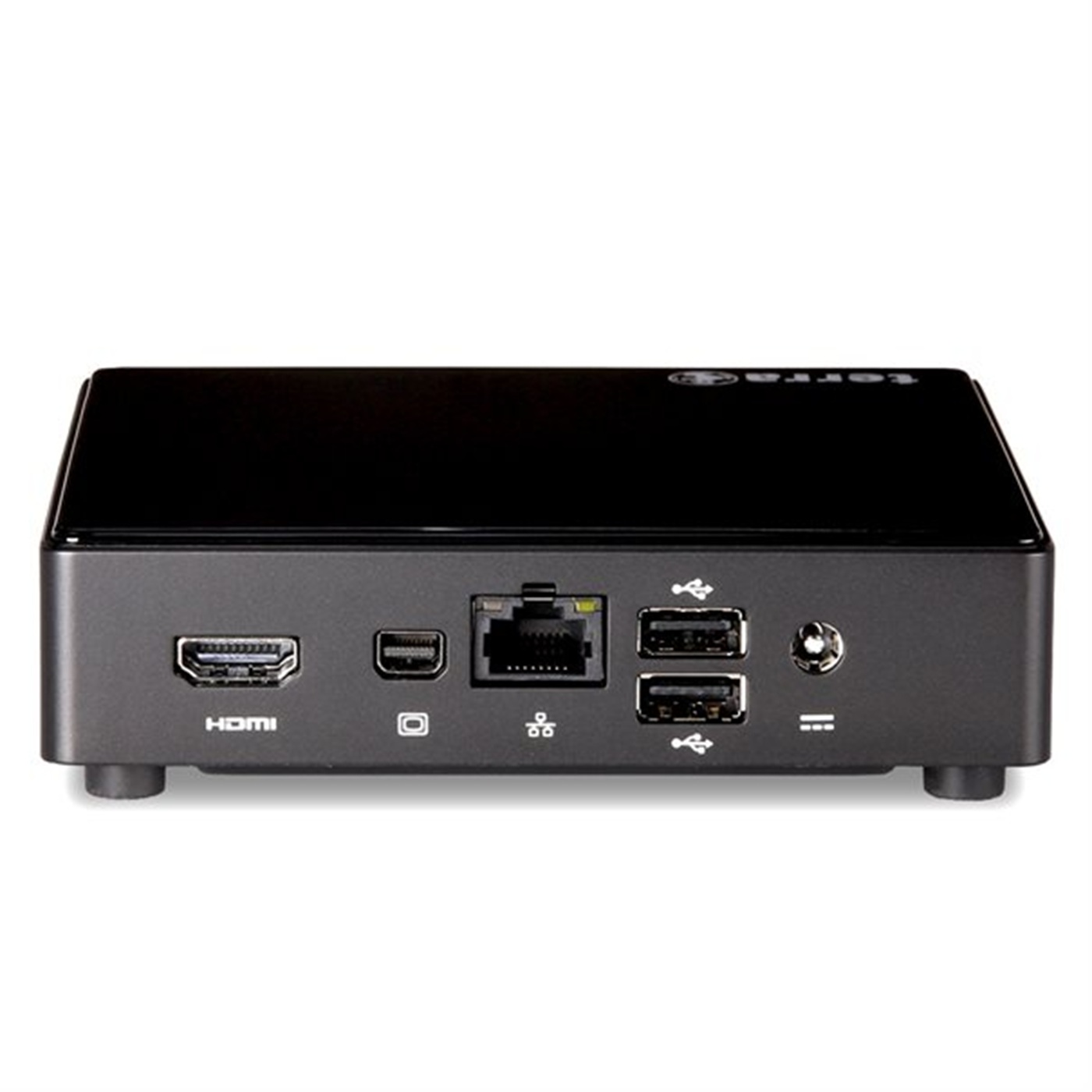 Piccolo computer nero. Vista posteriore con porte: HDMI, USB ed ethernet. Logo Terra sopra.