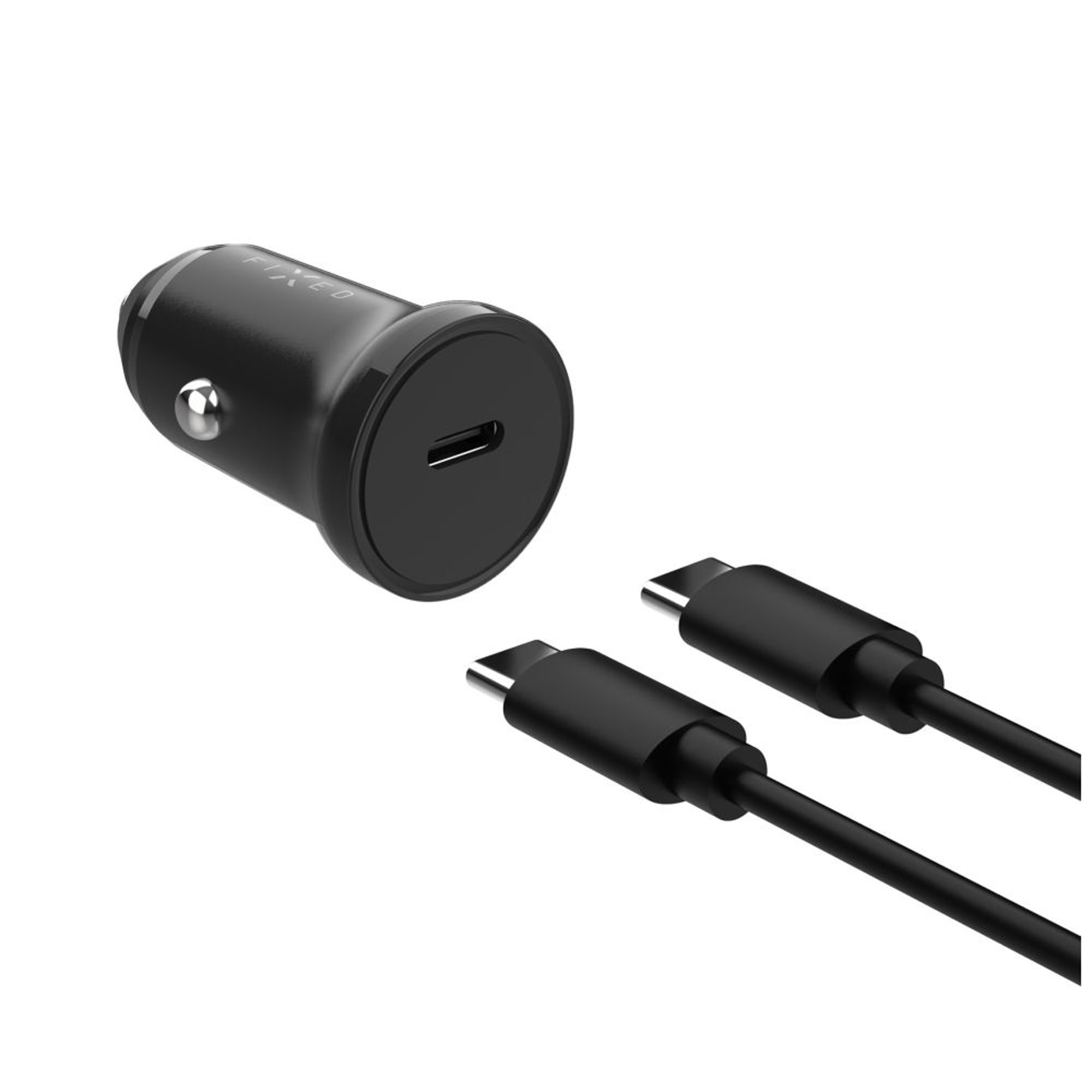 Ein schwarzes Autoladegerät mit USB-C-Anschluss und zwei schwarzen USB-C-Kabeln auf weißem Hintergrund.